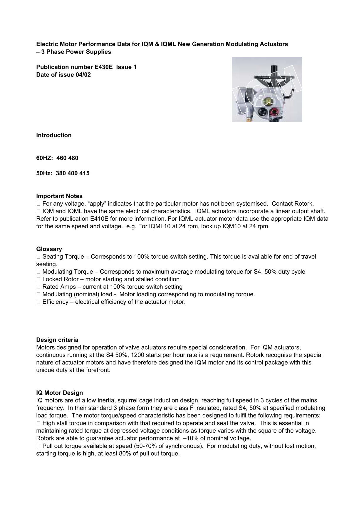 Dell IQM Electric Motor Performance Data for IQM, IQML New Generation Modulating Actuators, 3-Phase Power Supplies. Publication Number: E430E, Issue 1, Date of Issue: 04/02. - Page 1