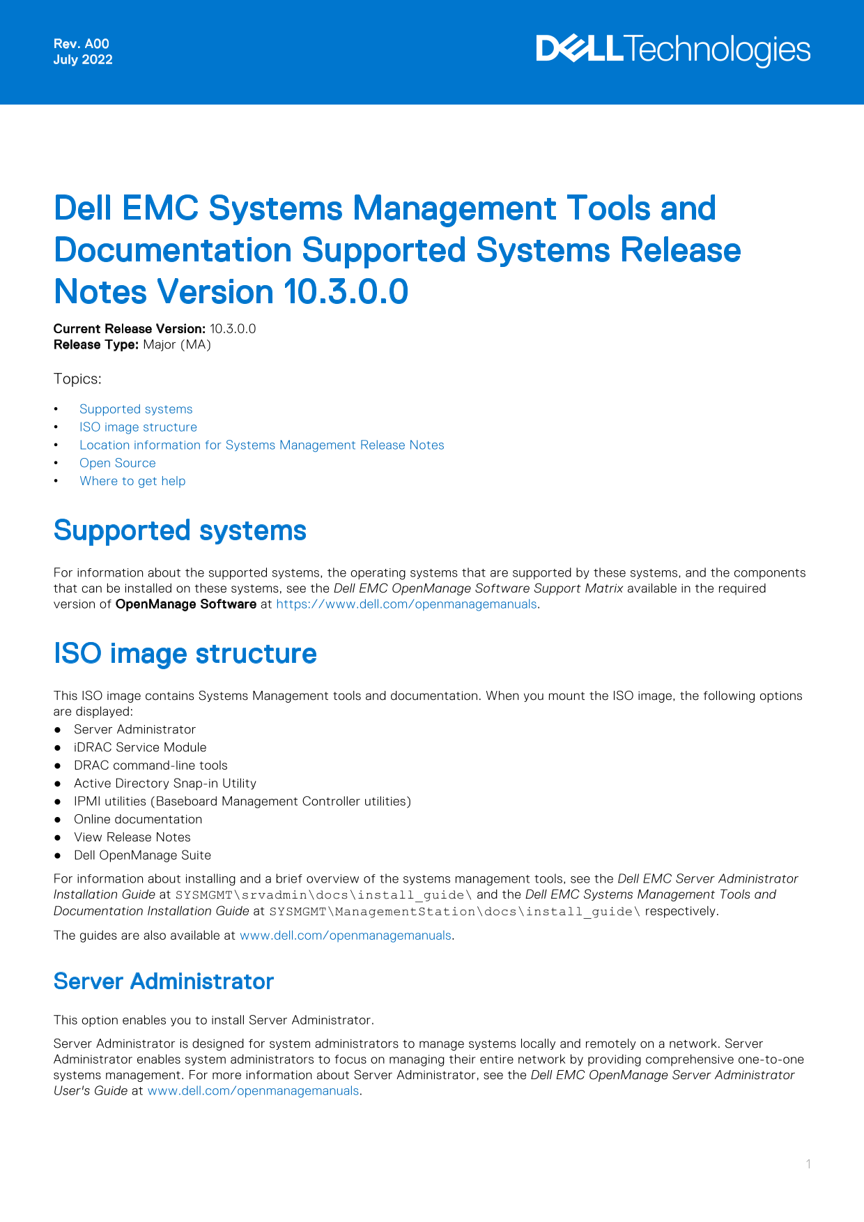 Dell EMC Systems Management Tools and Documentation Release Notes Version 10.3.0.0 - Page 1