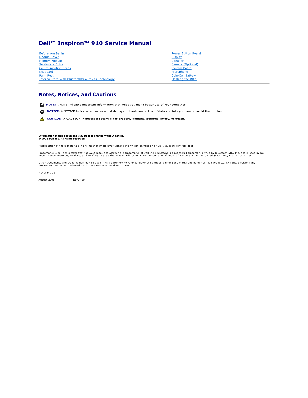 Dell Inspiron Mini 9 Service Manual - Page 1