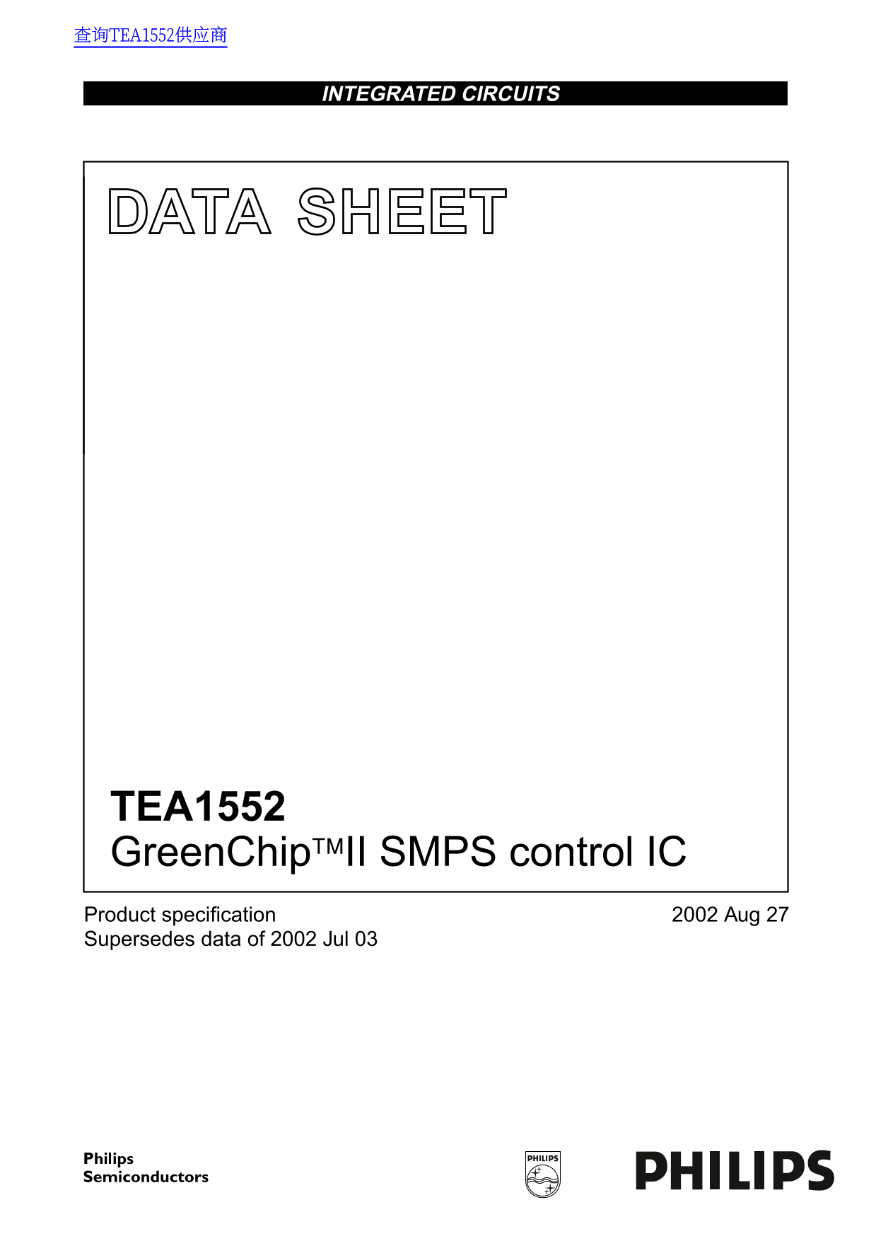 Philips Tea1552 GreenChip II SMPS Control IC Data Sheet/Manual - Page 1