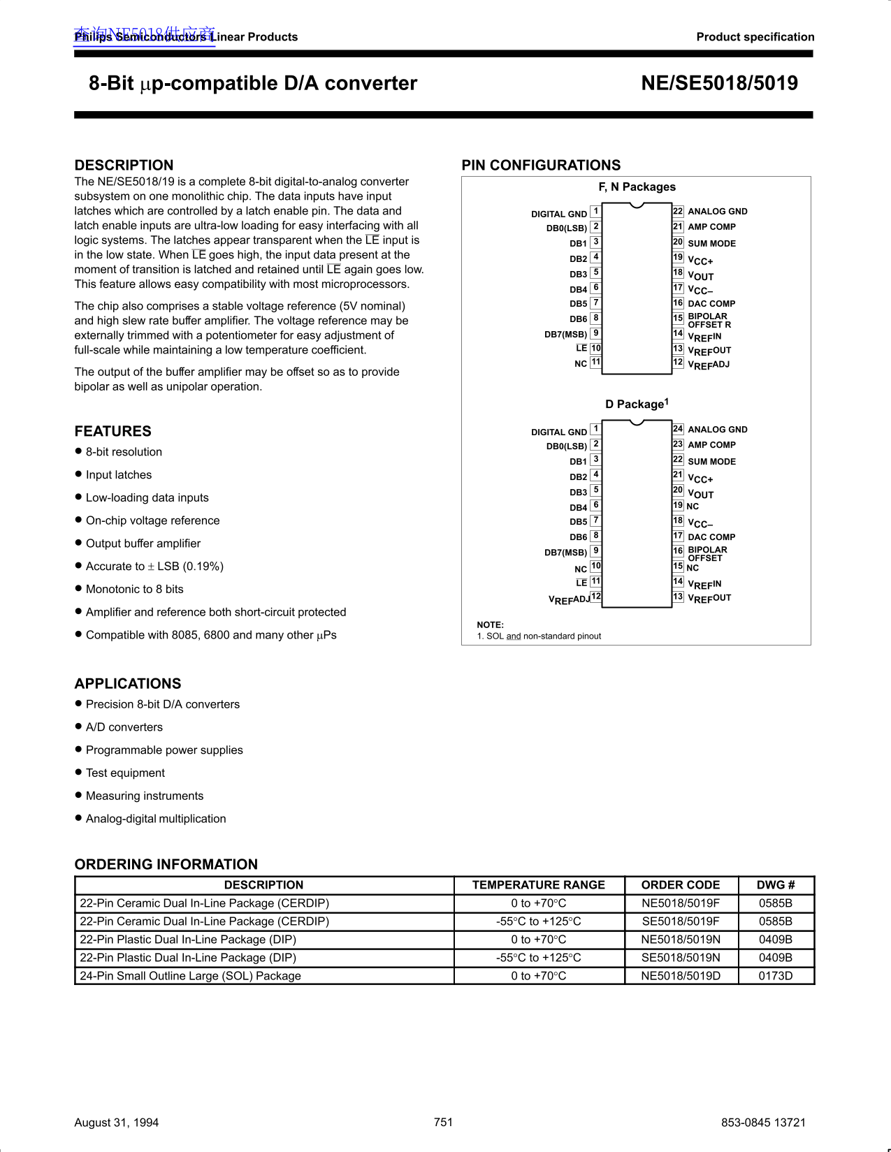 Philips Semiconductors 8-Bit µp-compatible D/A Converter NE/SE5018 5019 - Page 1