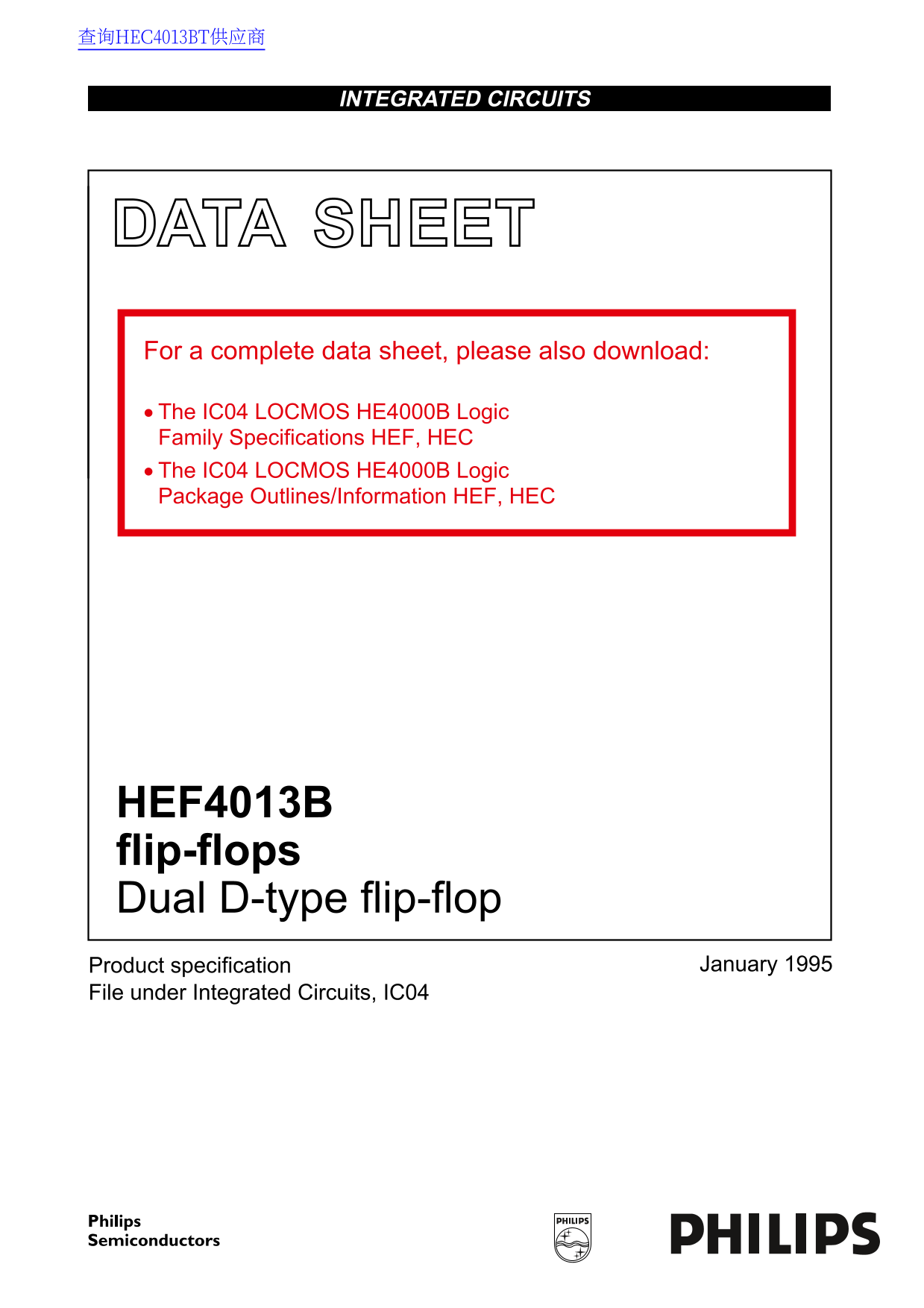 Philips Hef4013B Flip-Flops - Dual D-Type Flip-Flop Data Manual - Page 1