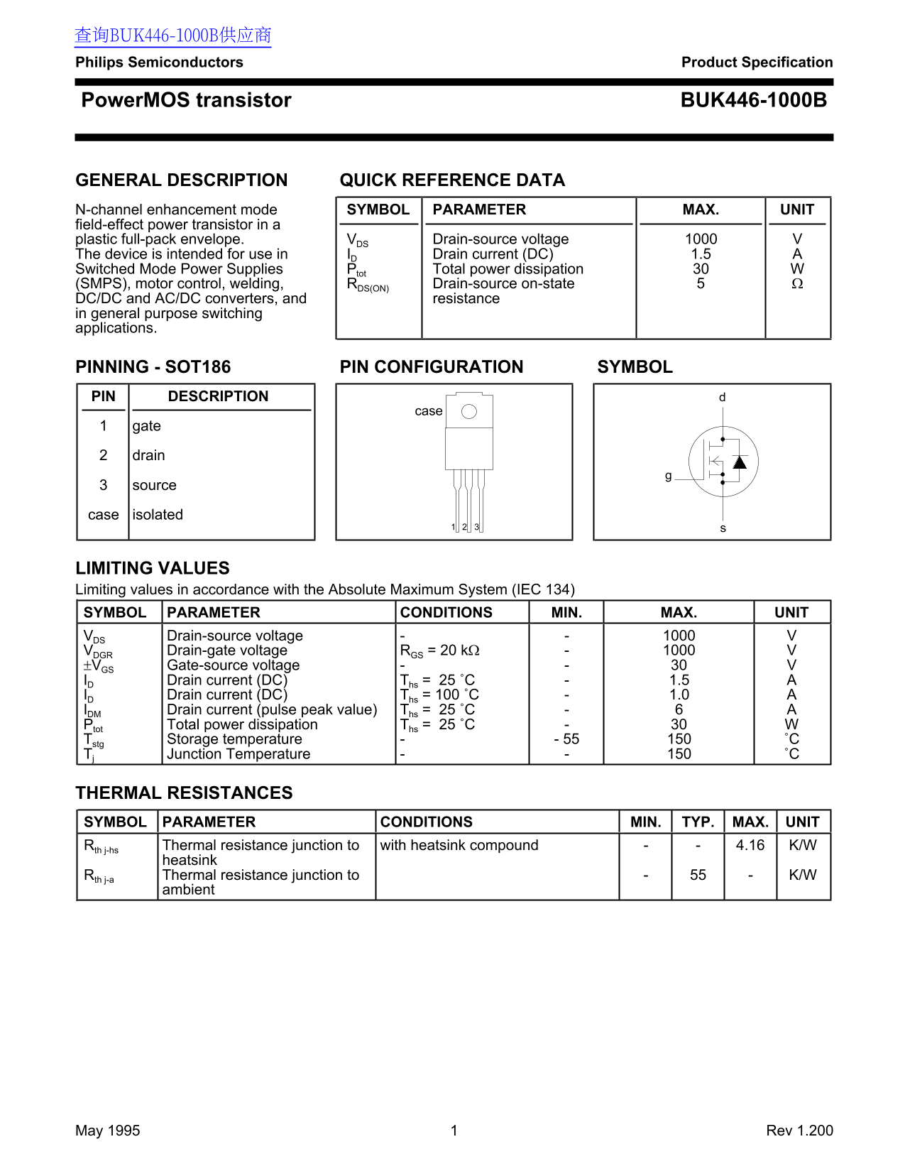 PHILIPS PowerMOS Transistor BUK446-1000B Data Sheet - Page 1