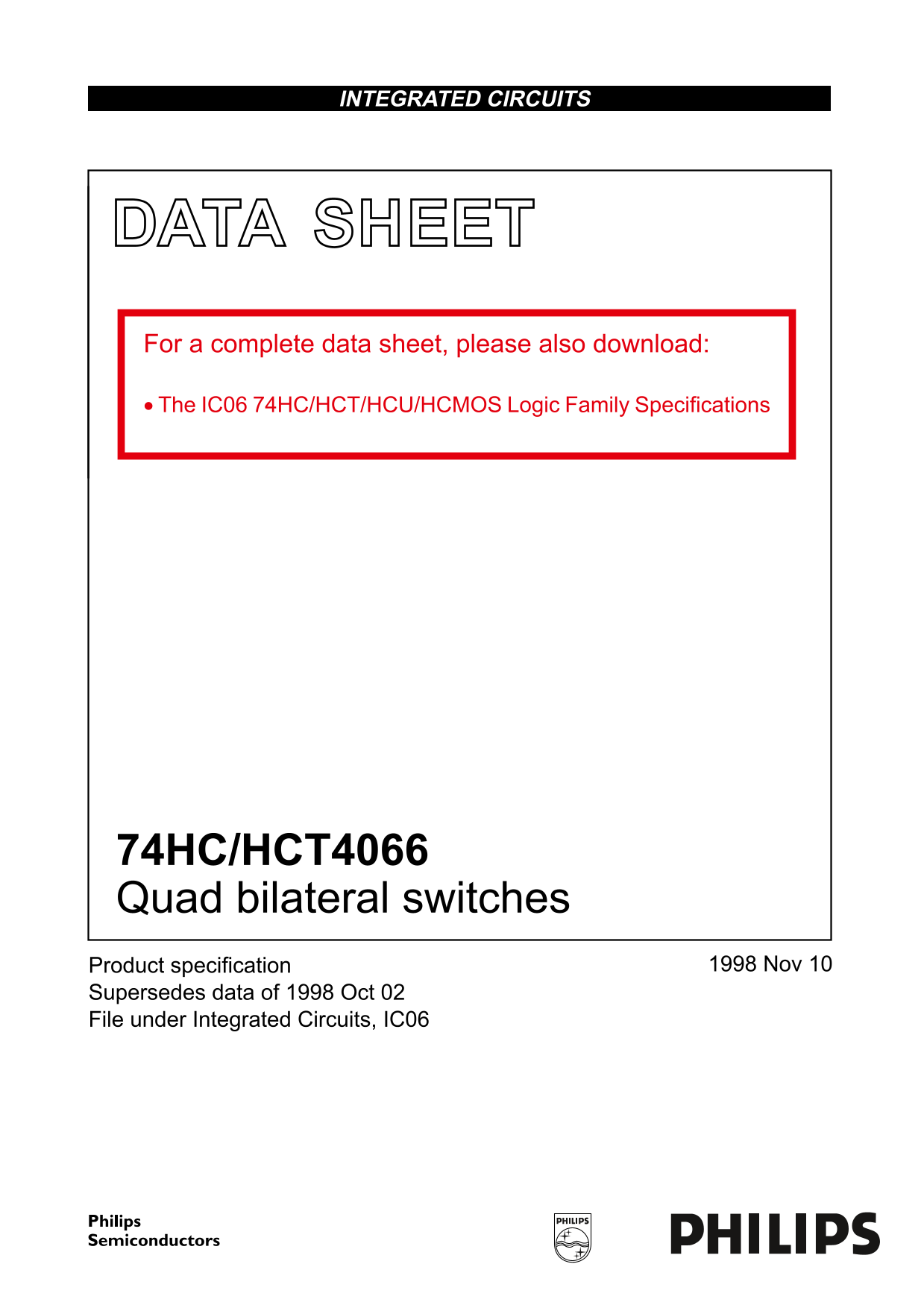 Philips 74HC HCT4066 Quad Bilateral Switches Data Sheet - Page 1