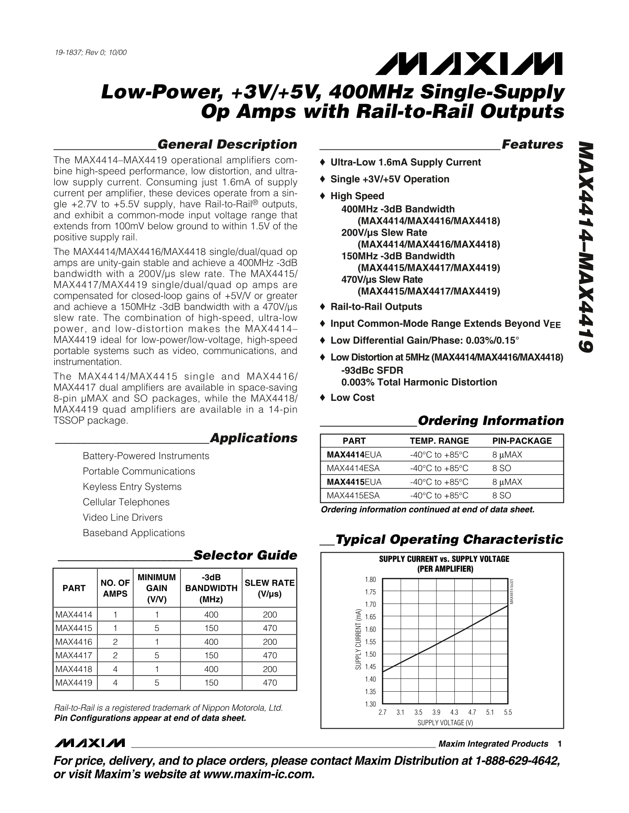 Dell MAXIM MAX4414-MAX4419 Low-Power, +3V +5V, 400MHz Single-Supply Op Amps with Rail-to-Rail Outputs - Page 1