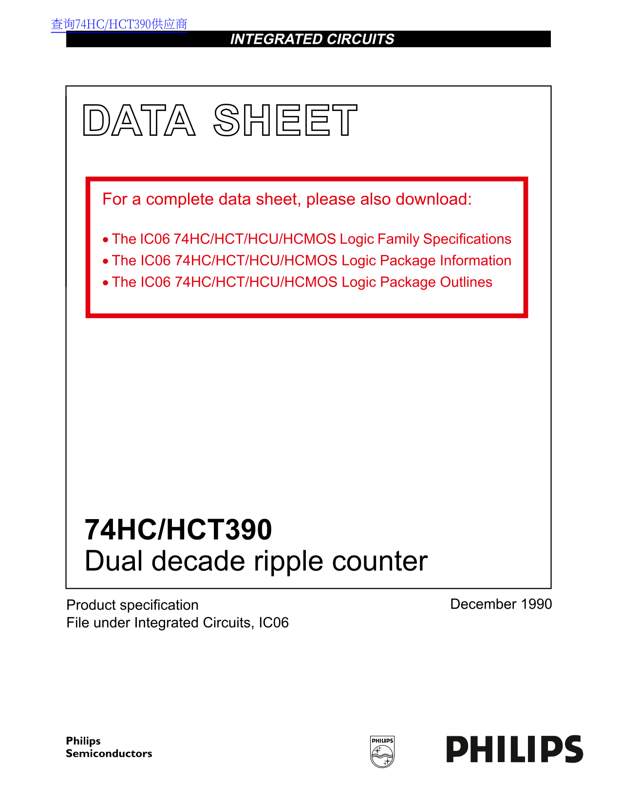 Philips 74HC HCT390 Dual Decade Ripple Counter Data Sheet - Page 1