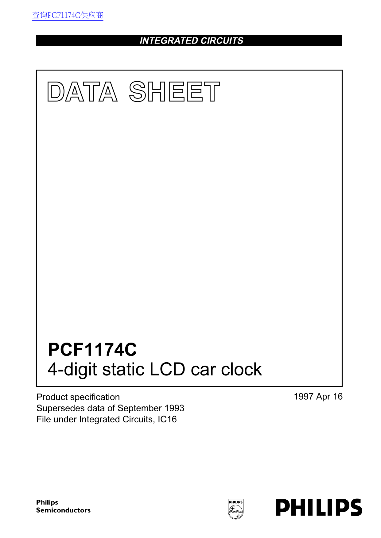 PHILIPS PCF1174C 4-digit Static LCD Car Clock User Manual & Data Sheet - Page 1