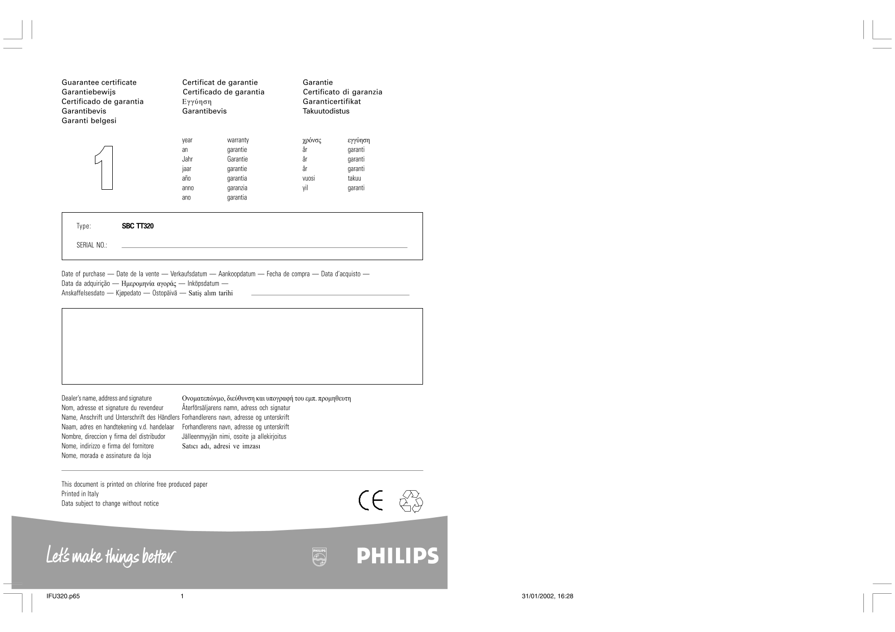 PHILIPS SBC TT320 Usage Instructions (English) - Page 1