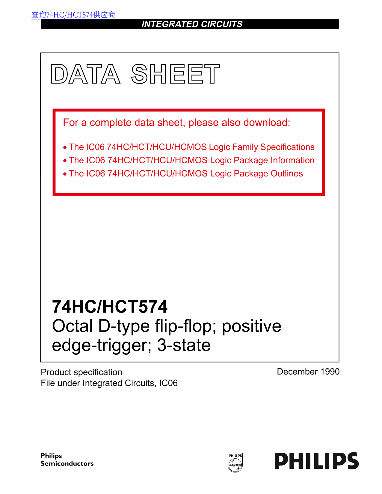 Philips 74HC HCT574 Octal D-Type Flip-Flop Positive Edge-Trigger 3-State Data Sheet Manual - Page 1