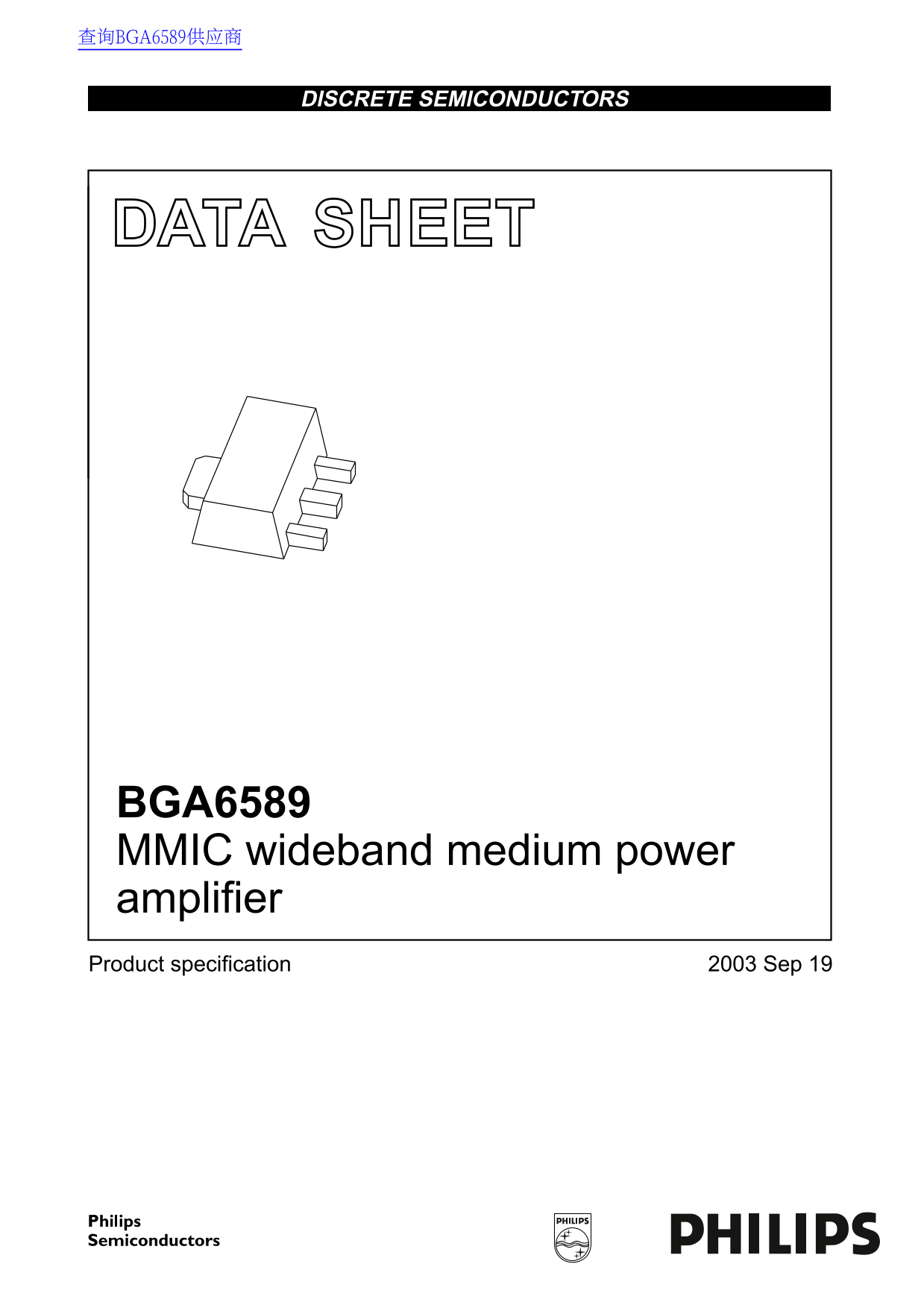 Philips BGA6589 MMIC Wideband Medium Power Amplifier Data Sheet/Manual - Page 1