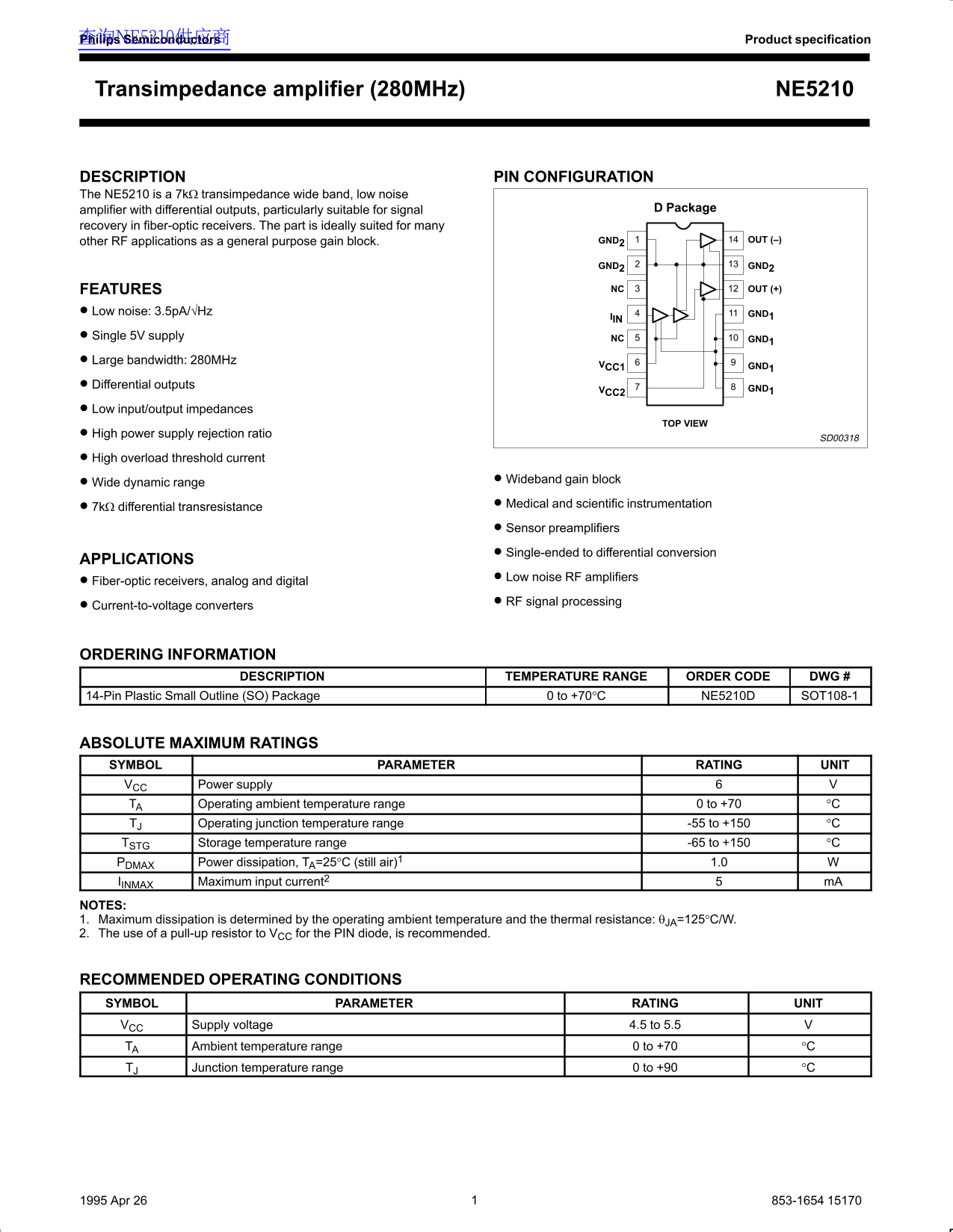 Philips Semiconductors Transimpedance Amplifier (280MHz) NE5210 Data Sheet User Manual - Page 1