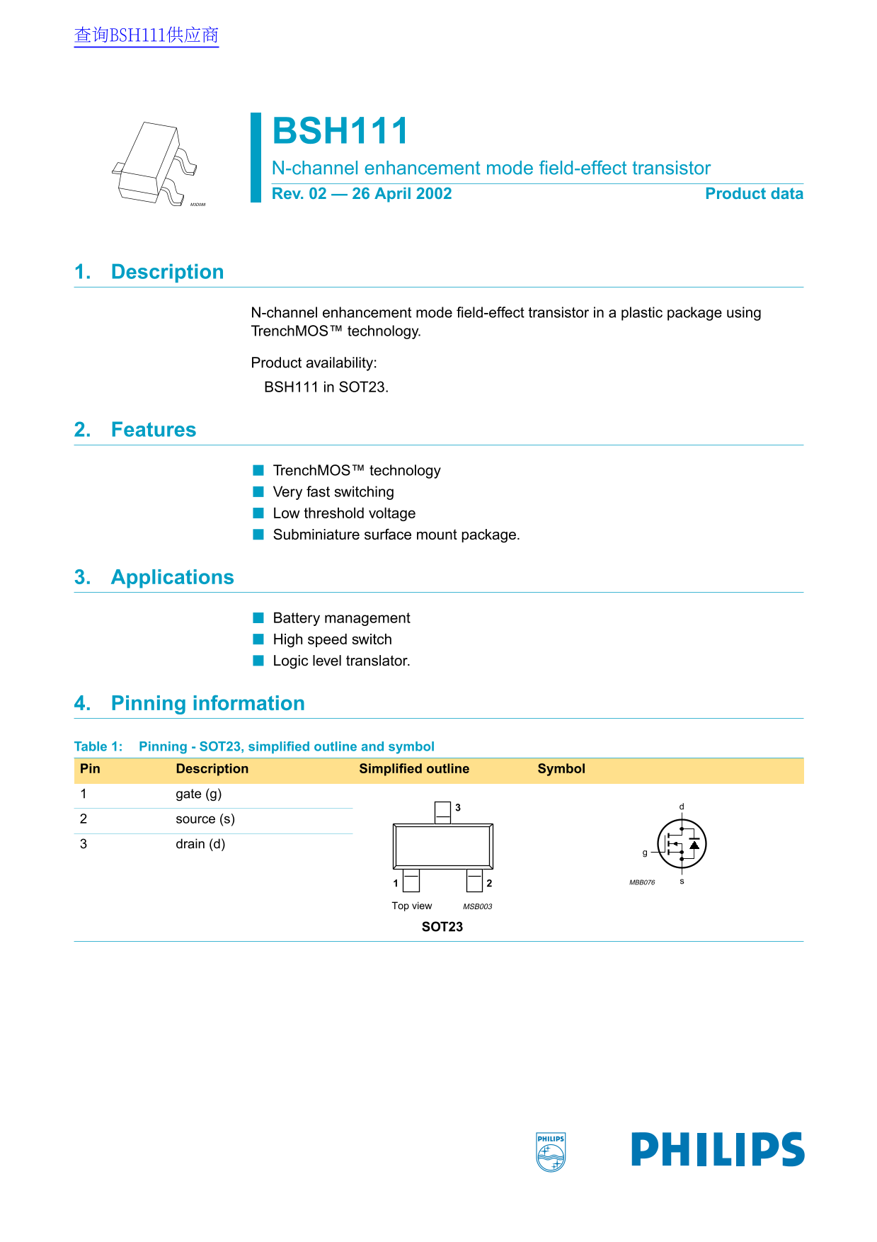 PHILIPS BSH111 Data Sheet User Manual - Page 1