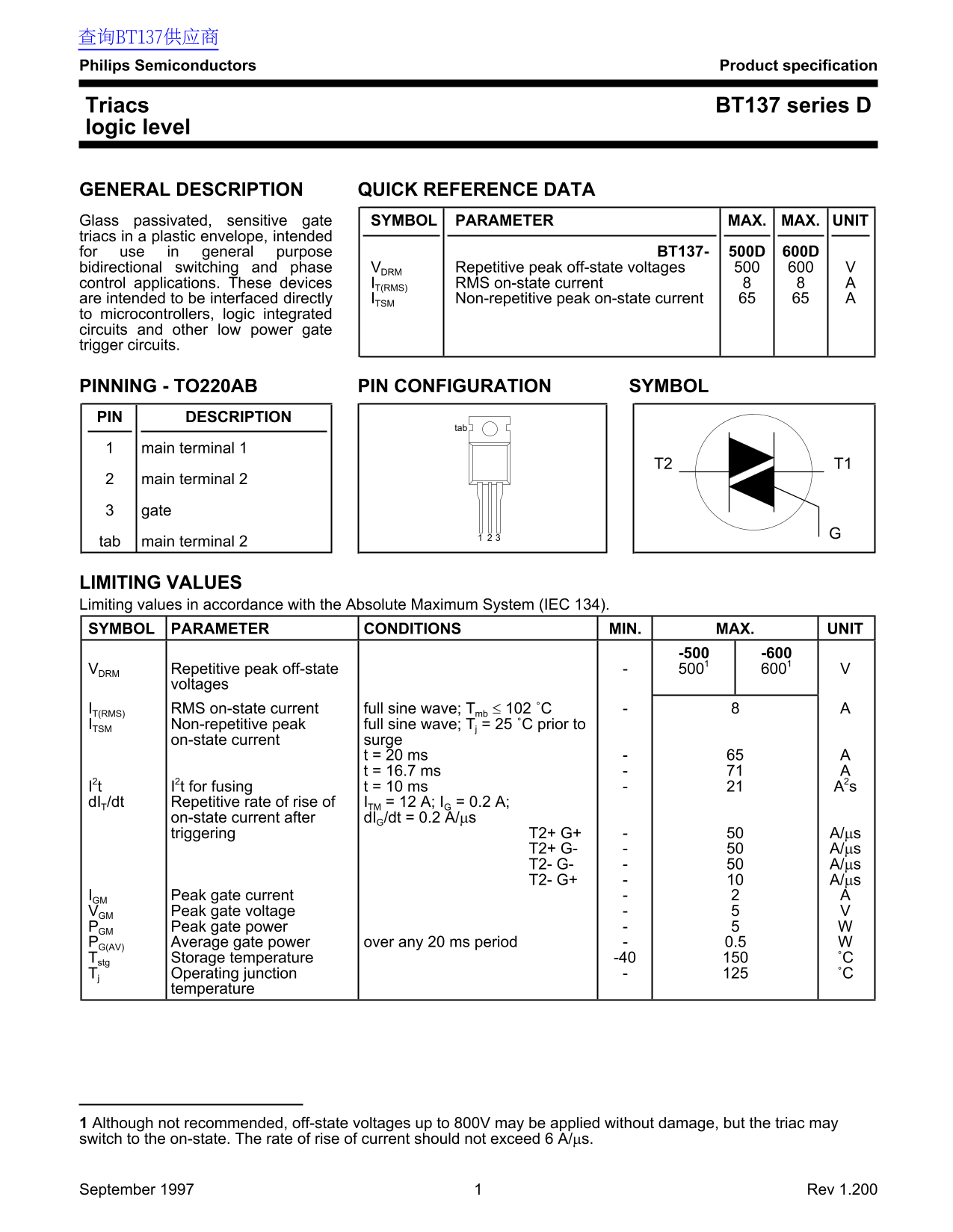 Philips Semiconductors BT137 Series D Data Sheet - Page 1