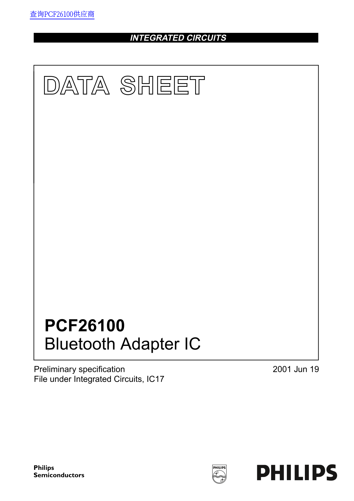 Philips PCF26100 Bluetooth Adapter IC Data Manual - Page 1