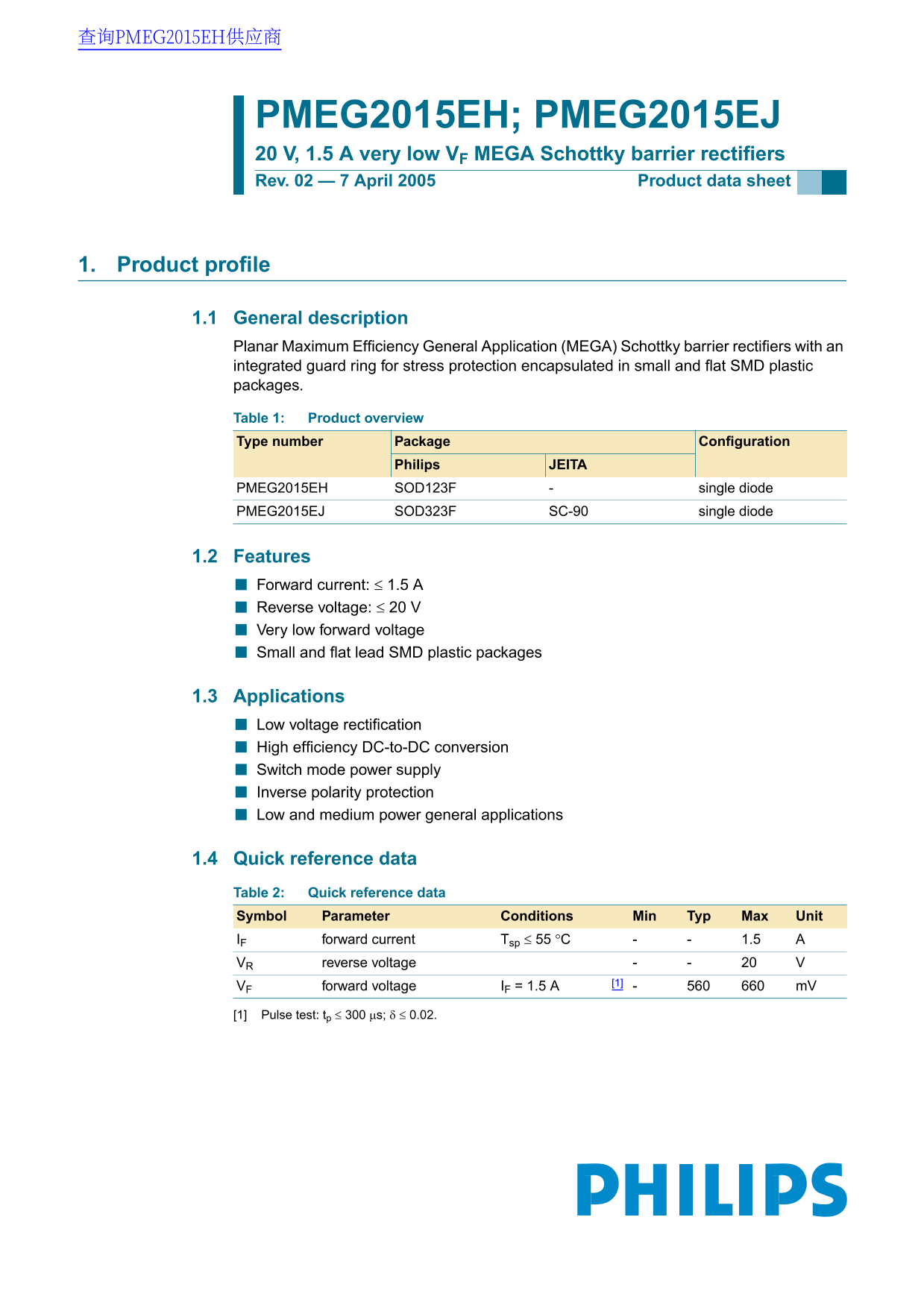 PHILIPS PMEG2015EH; PMEG2015EJ Data Manual 20 V, 1.5 A Very Low VF MEGA Schottky Barrier Rectifiers - Page 1