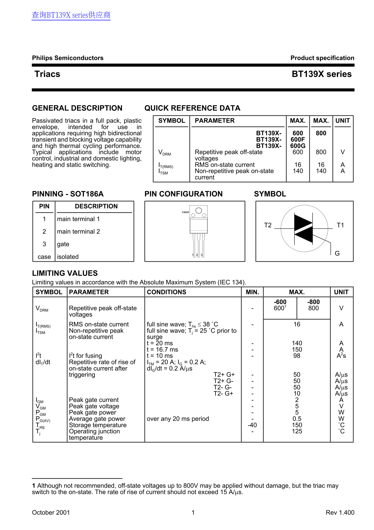 Philips Semiconductors BT139X series Data Handbook (1) User Manual - Page 1