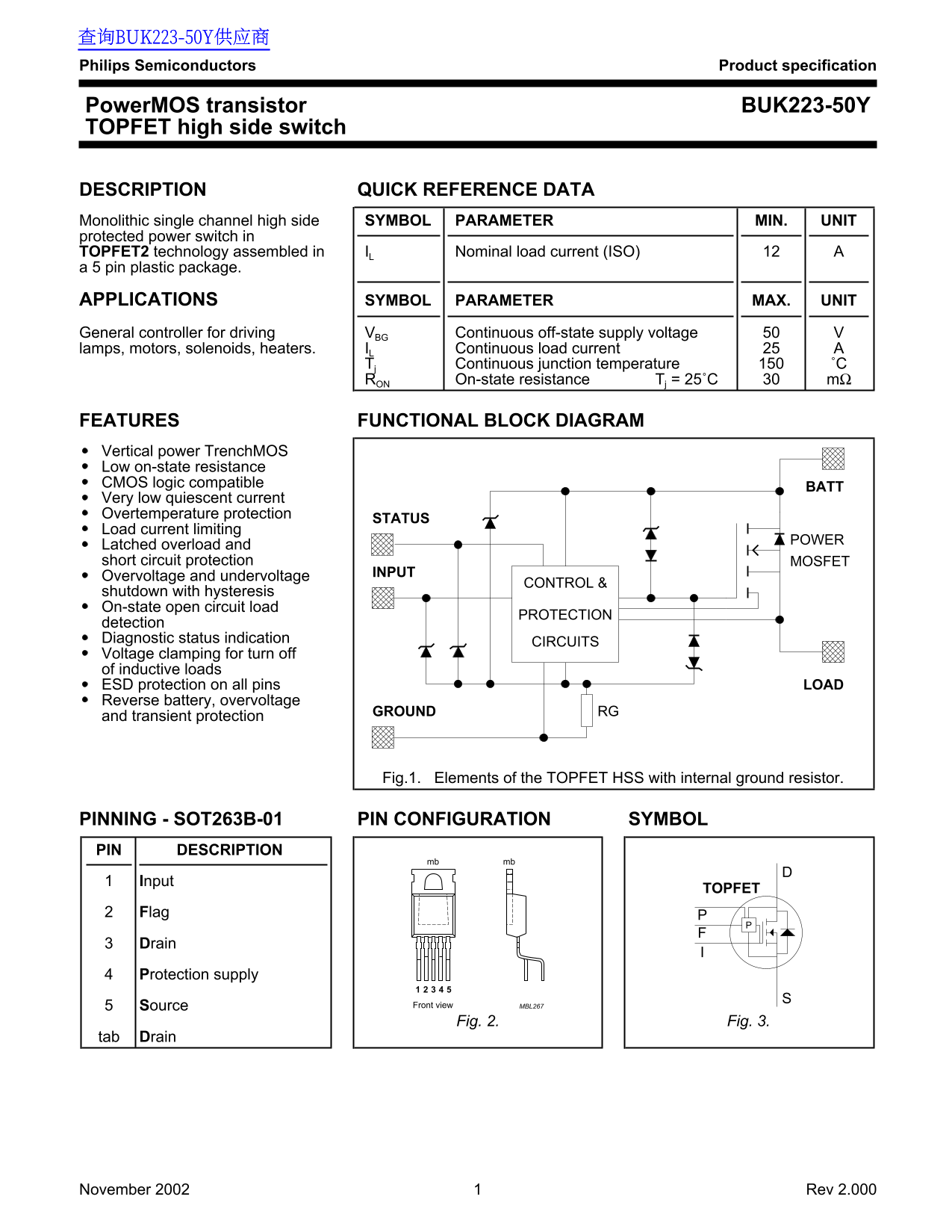 Philips PowerMOS Transistor BUK223-50Y Data Sheet - Page 1