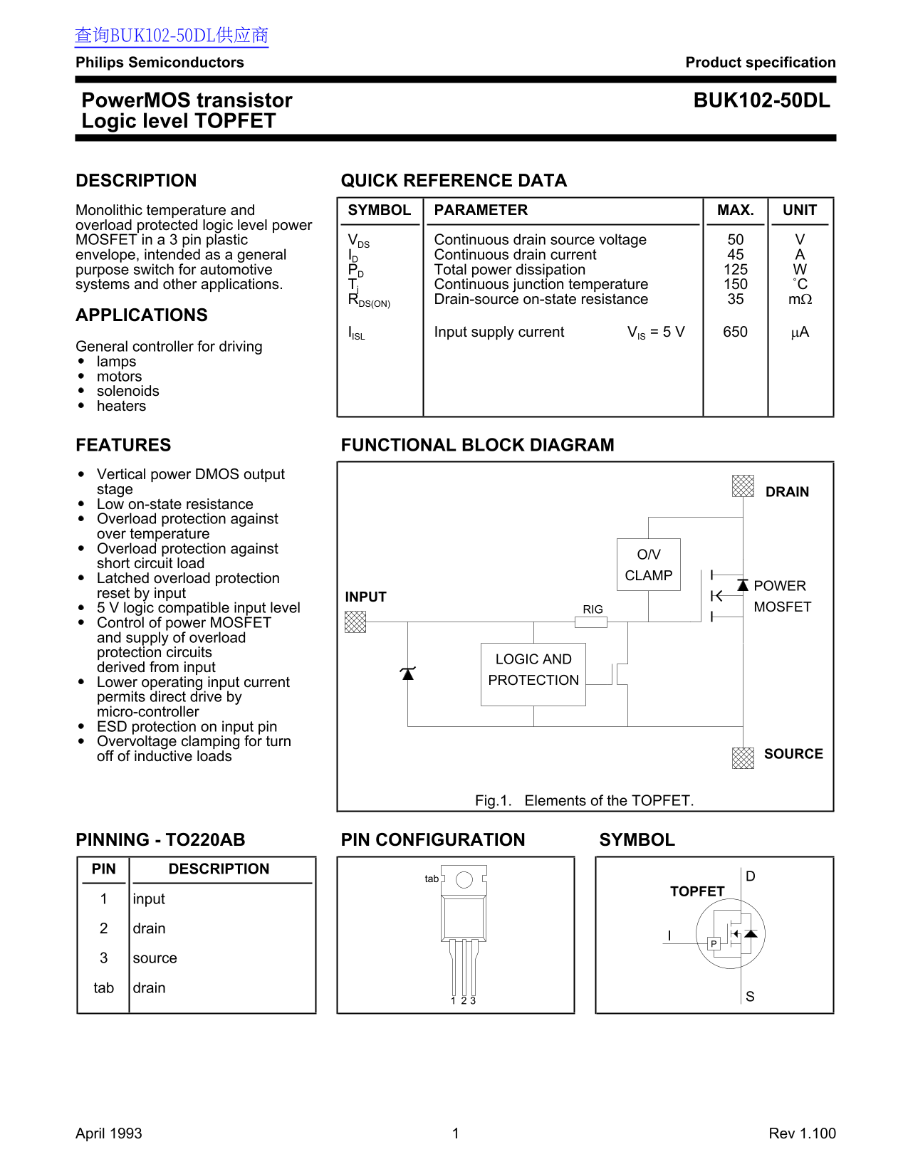 PHILIPS BUK102-50DL Data Sheet - Page 1