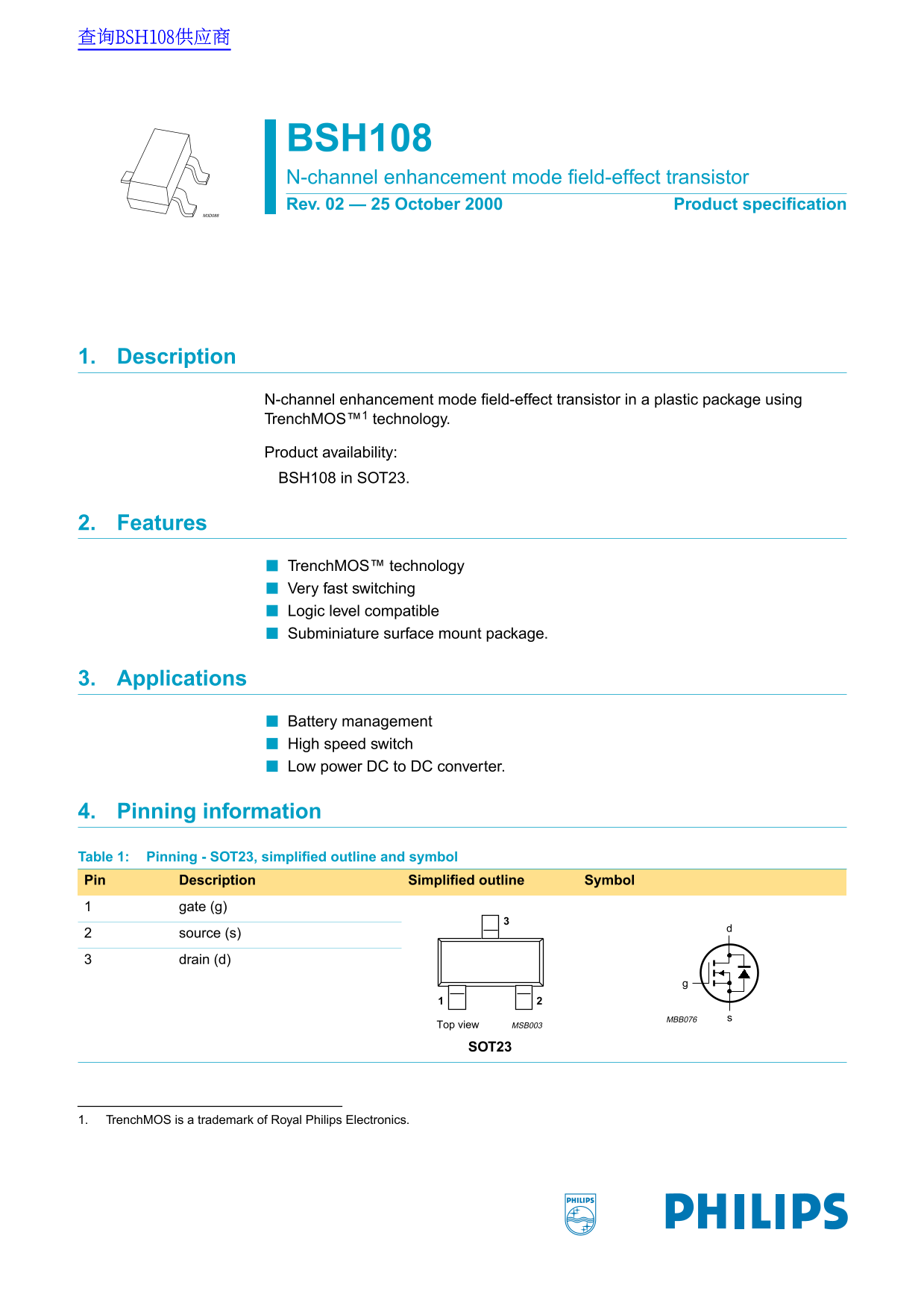 PHILIPS BSH108 Data Sheet User Manual - Page 1