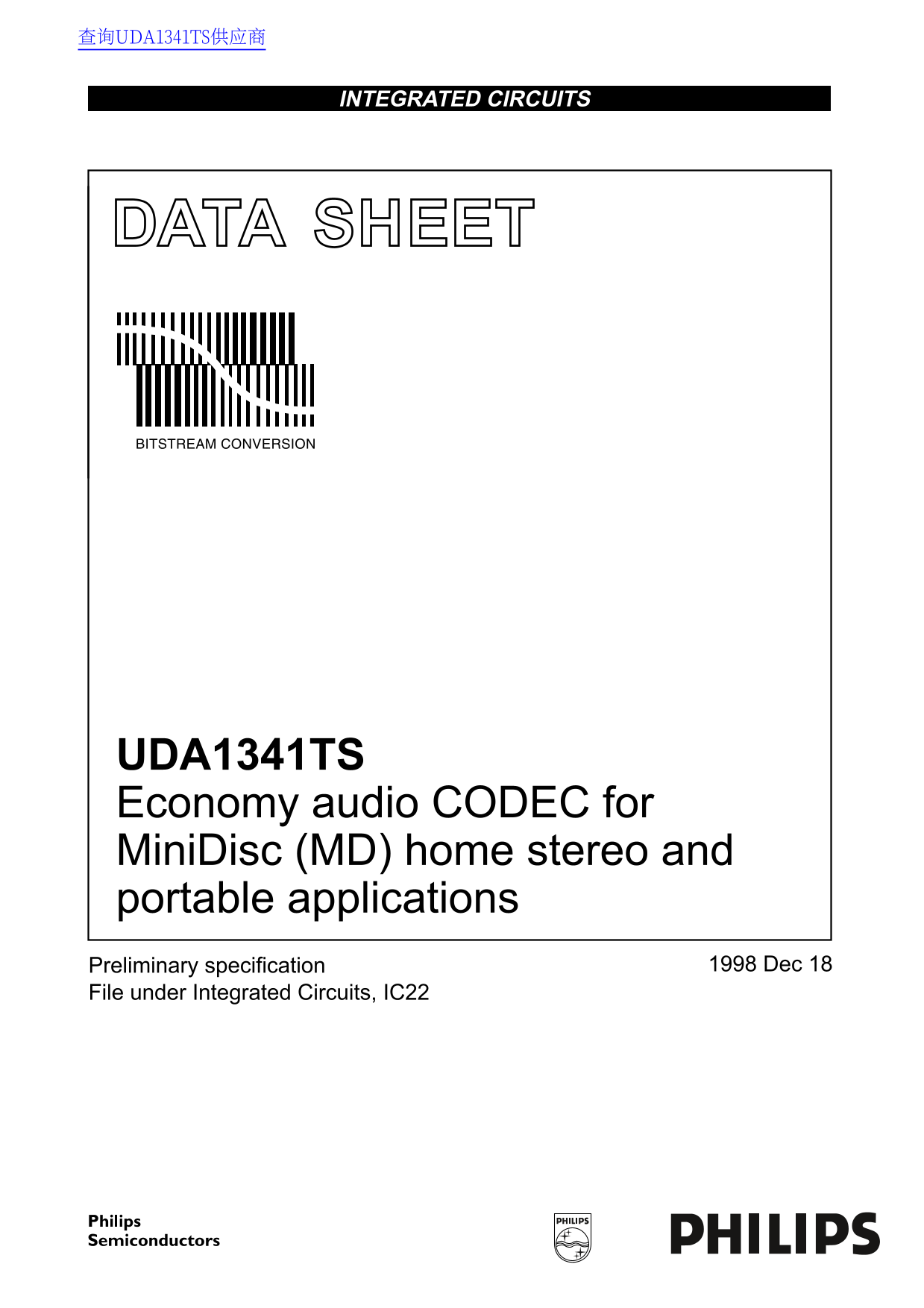 PHILIPS UDA1341TS Data Sheet - Page 1