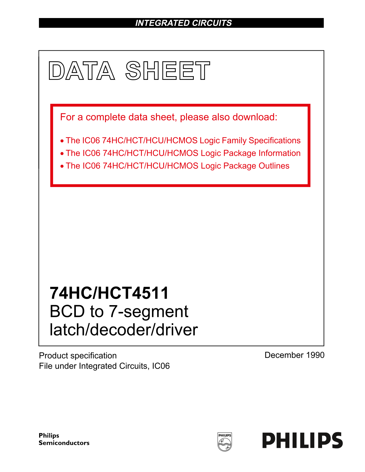 PHILIPS 74HC HCT4511 BCD to 7-segment latch decoder driver - Page 1