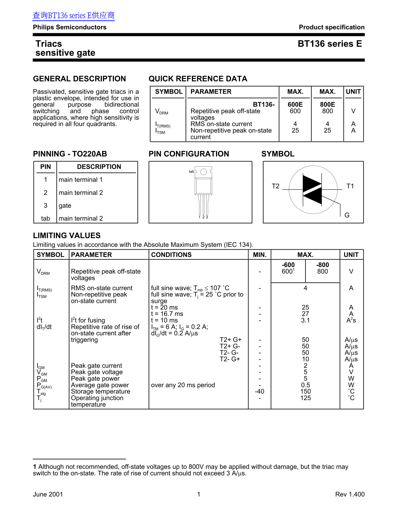 Philips Semiconductors BT136 Series E Data Sheet - Page 1