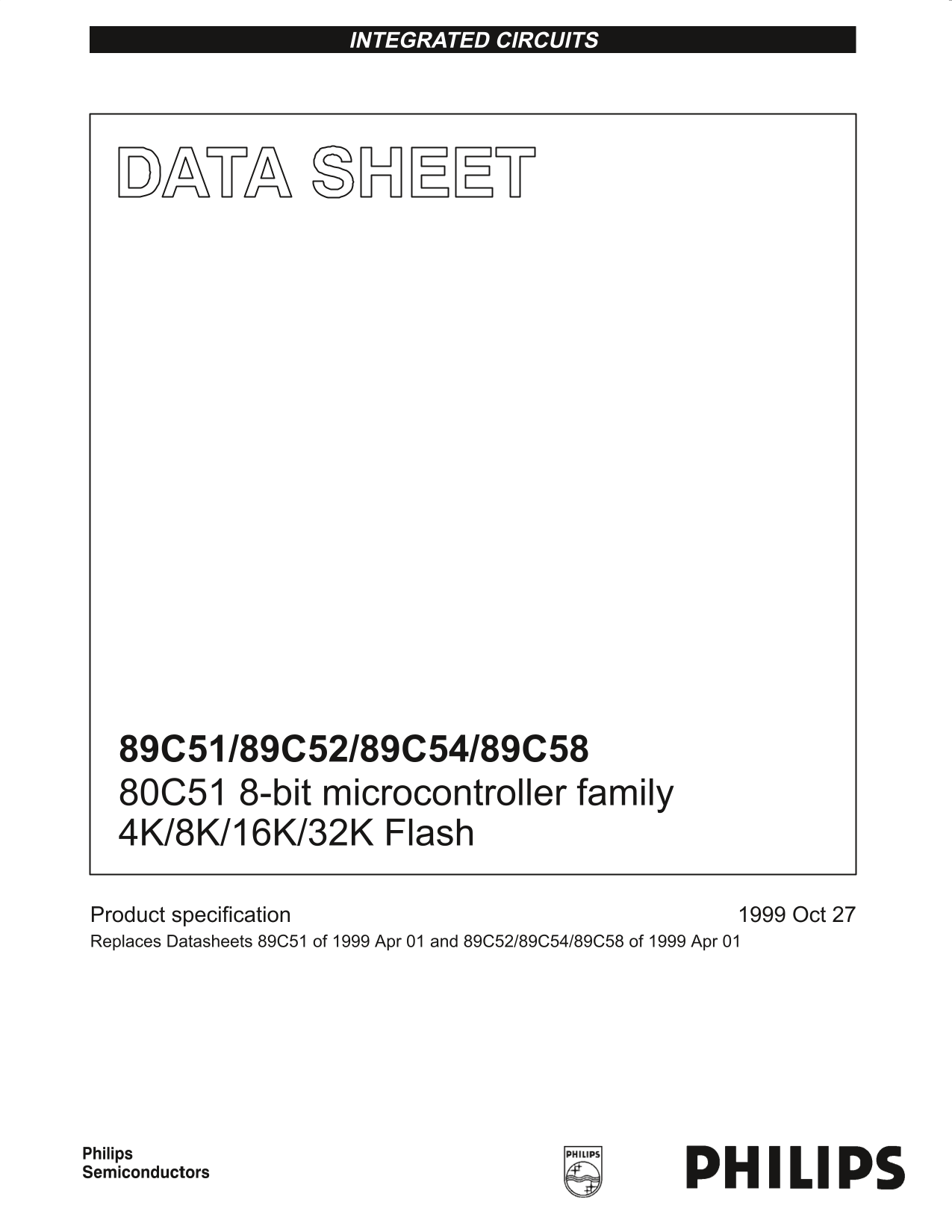 PHILIPS 89C51 89C52 89C54 89C58 Data Sheet / Manual - Page 1