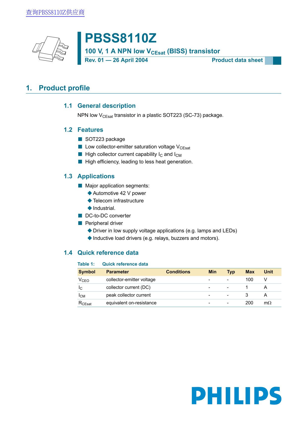 Philips PBSS8110Z Data Sheet - Page 1