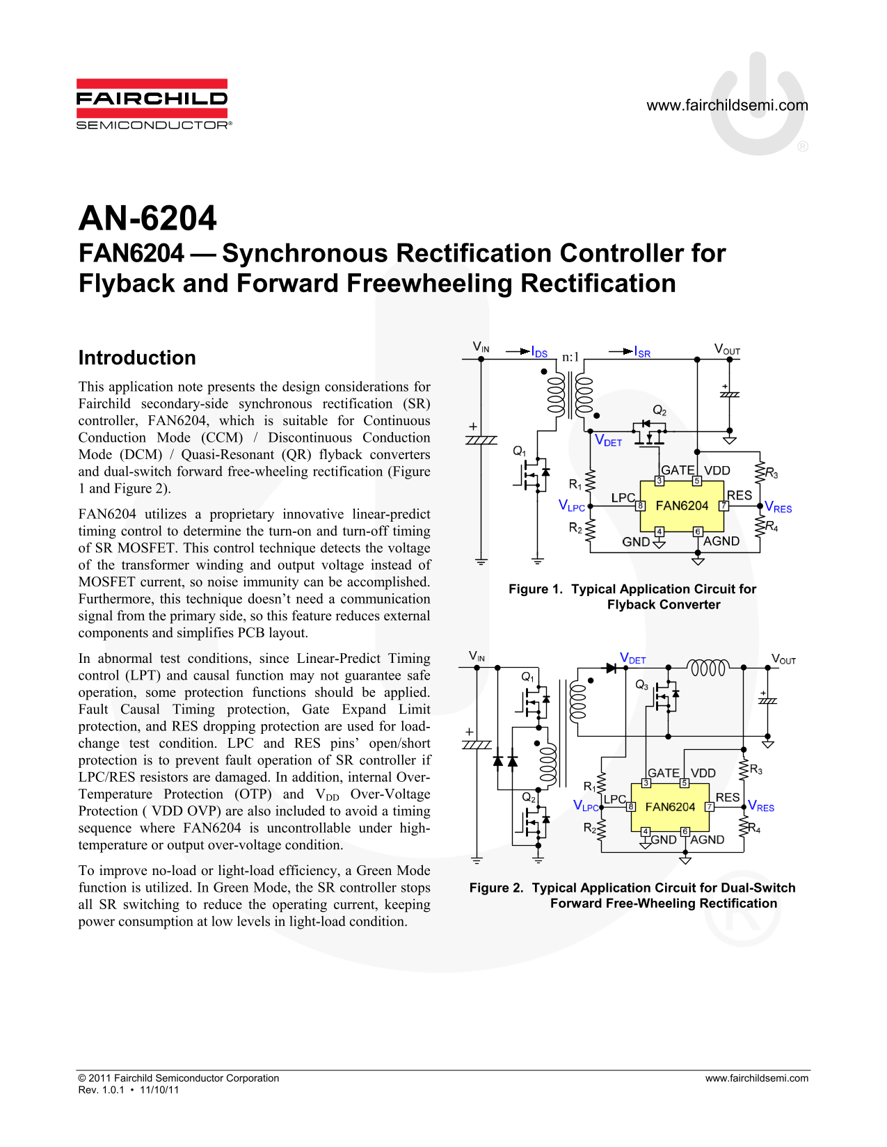 FAIRCHILD FAN6204 - Synchronous Rectification Controller for Flyback and Forward Freewheeling Rectification Data Sheet - Page 1
