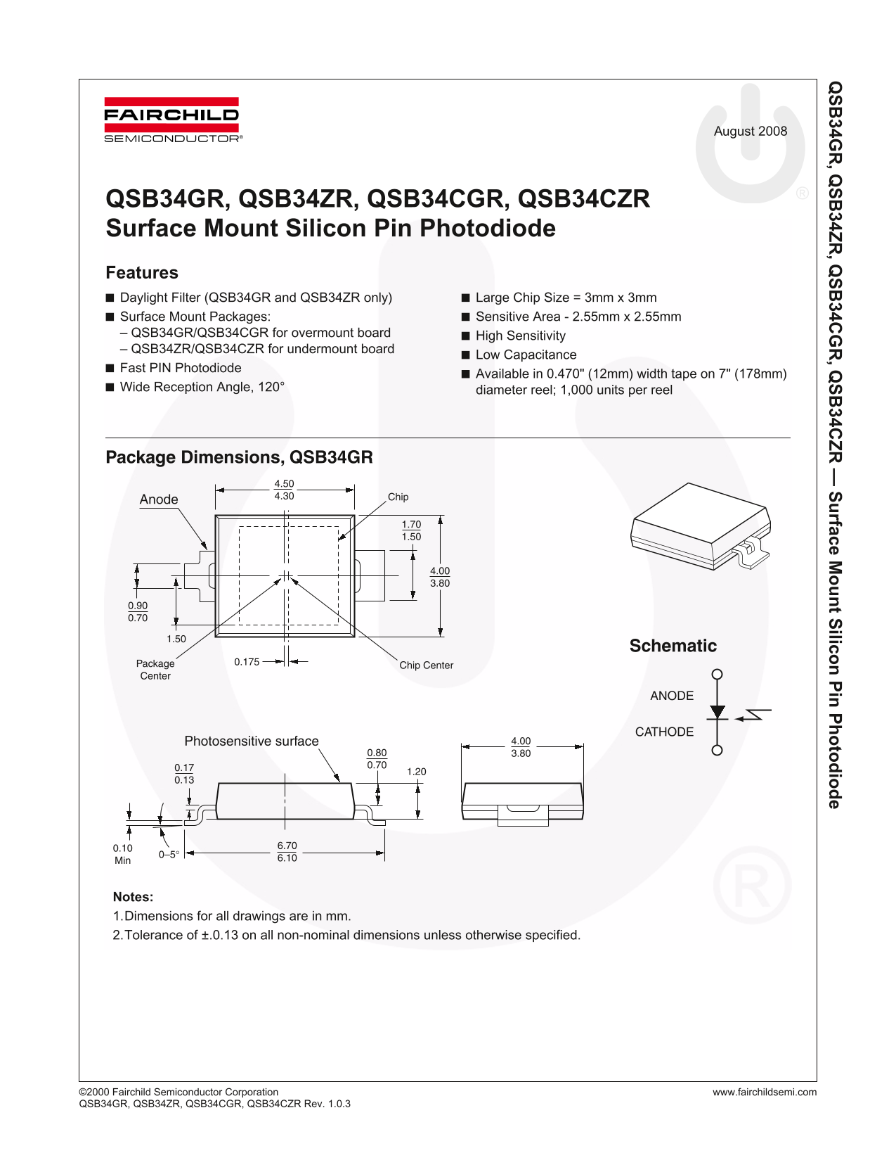 Fairchild QSB34GR, QSB34ZR, QSB34CGR, QSB34CZR Surface Mount Silicon Pin Photodiode User Manual - Page 1