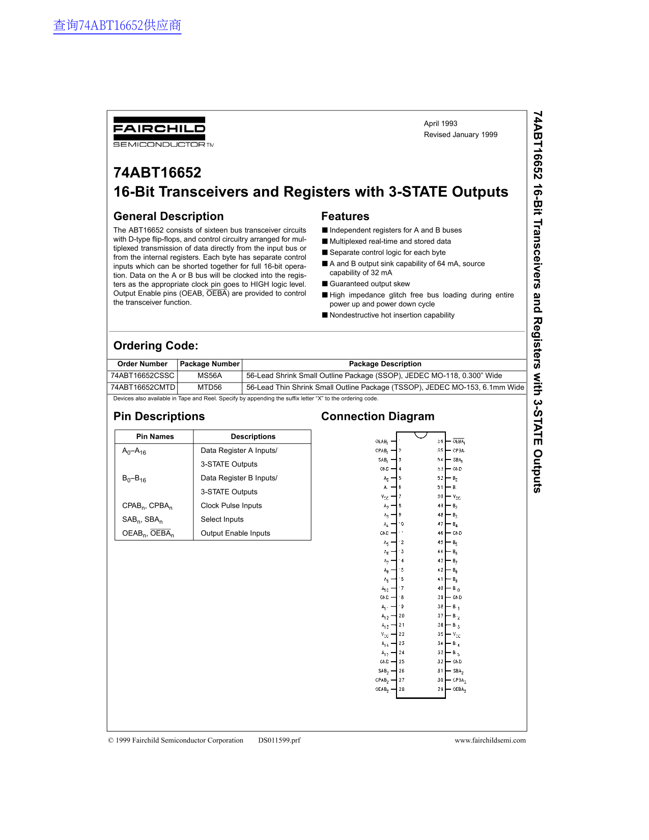 Fairchild 74ABT16652 16-Bit Transceivers and Registers with 3-State Outputs - Data Manual - Page 1