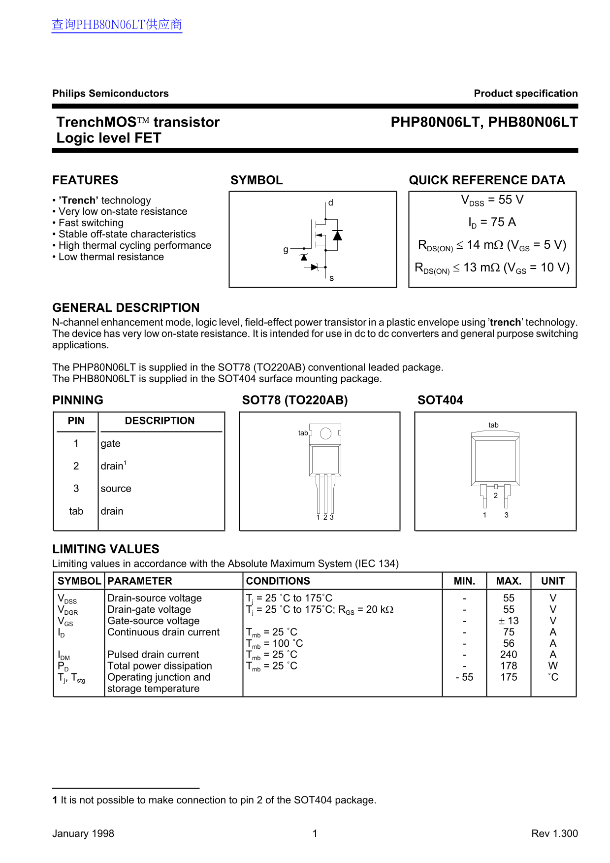 Philips Semiconductors PHP80N06LT, PHB80N06LT Data Sheet - Page 1
