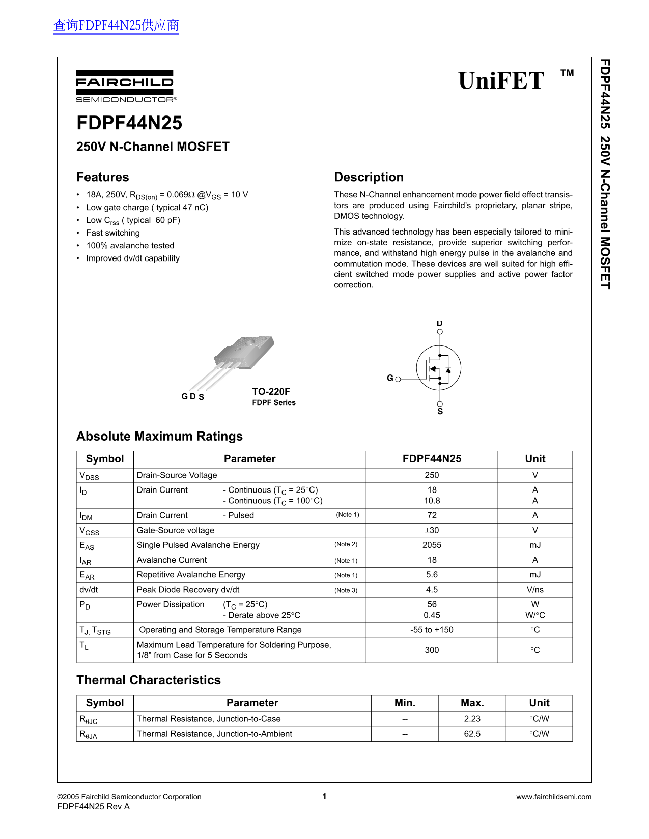 Fairchild FDPF44N25 Data Handbook - Page 1
