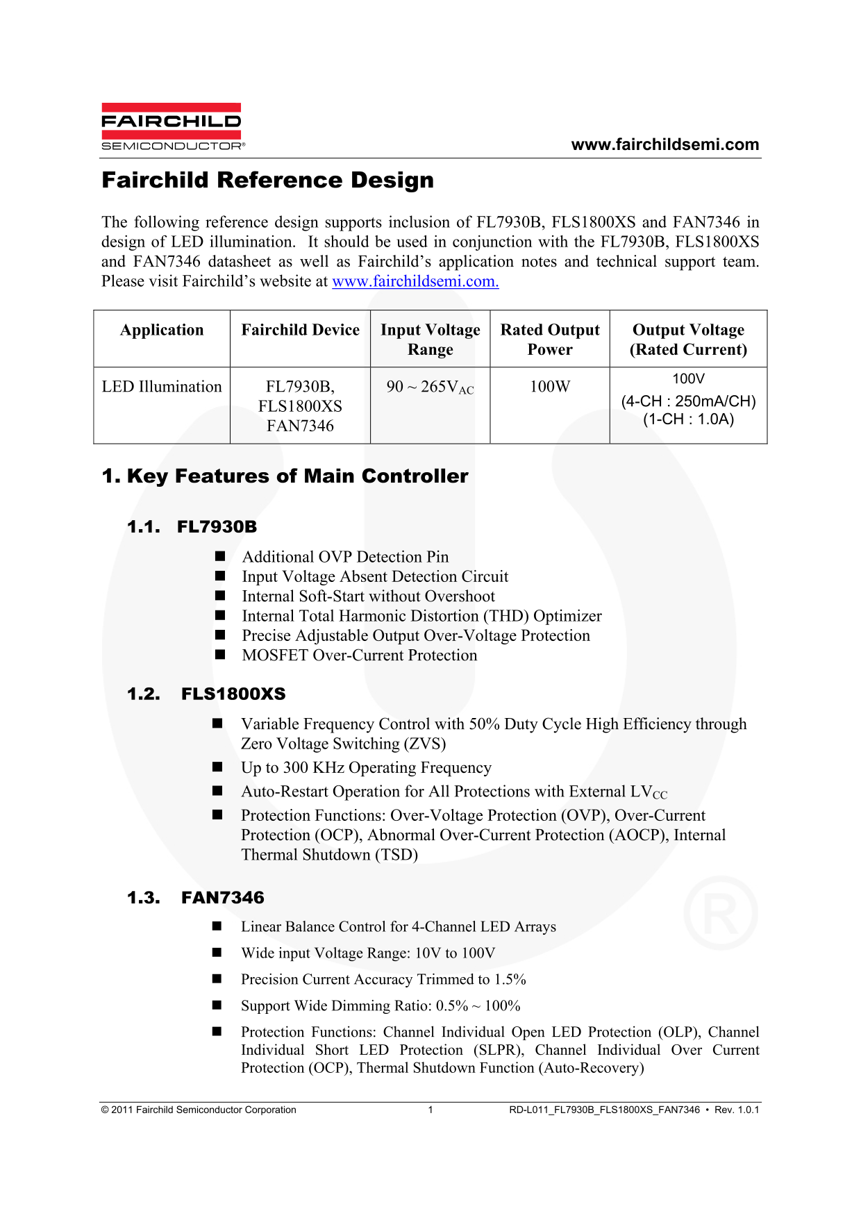 Fairchild RD-011 11 - FL7930B, FLS1800XS and FAN7346 LED Illumination Design Data Manual - Page 1