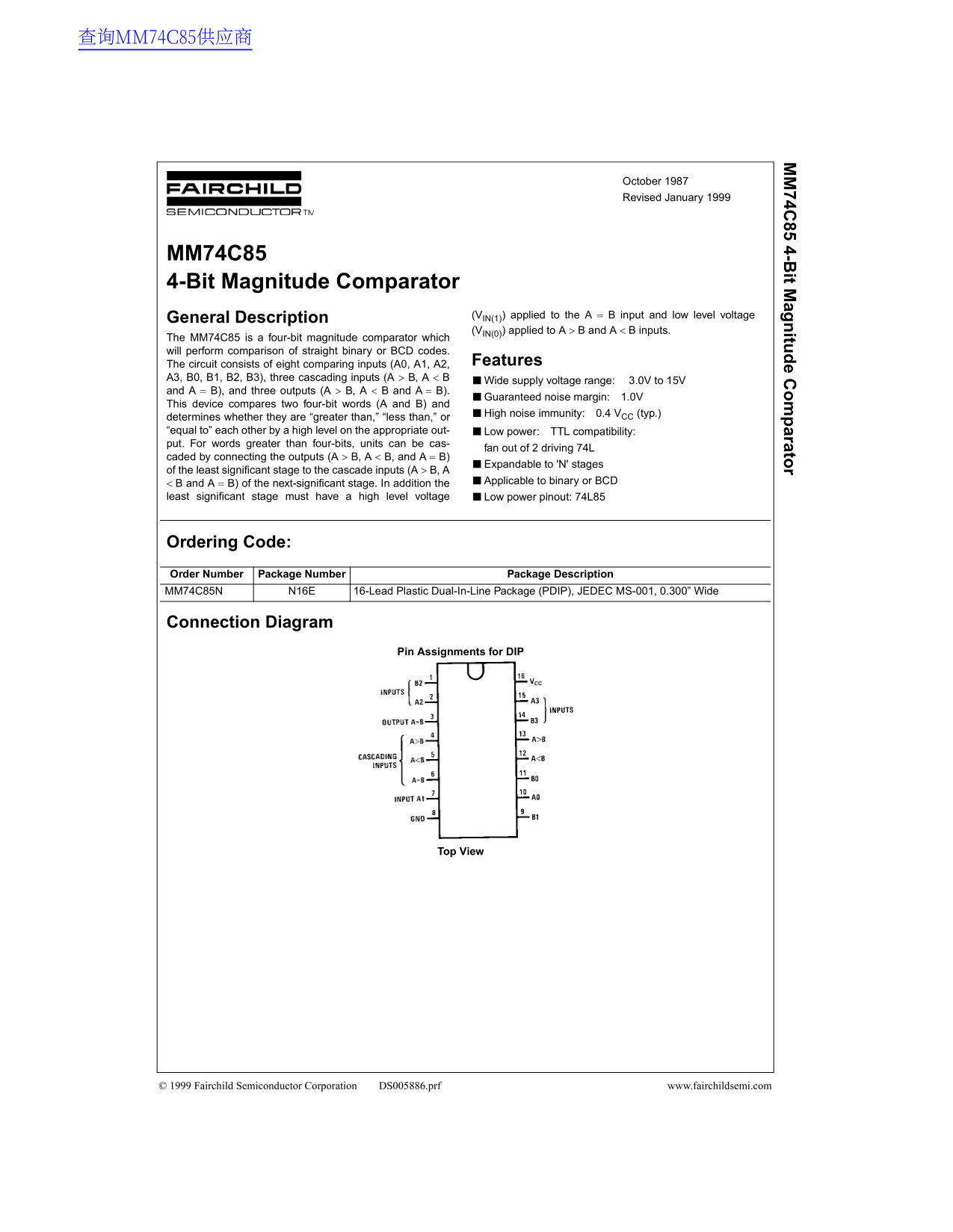 Fairchild MM74C85 Data Handbook - Page 1
