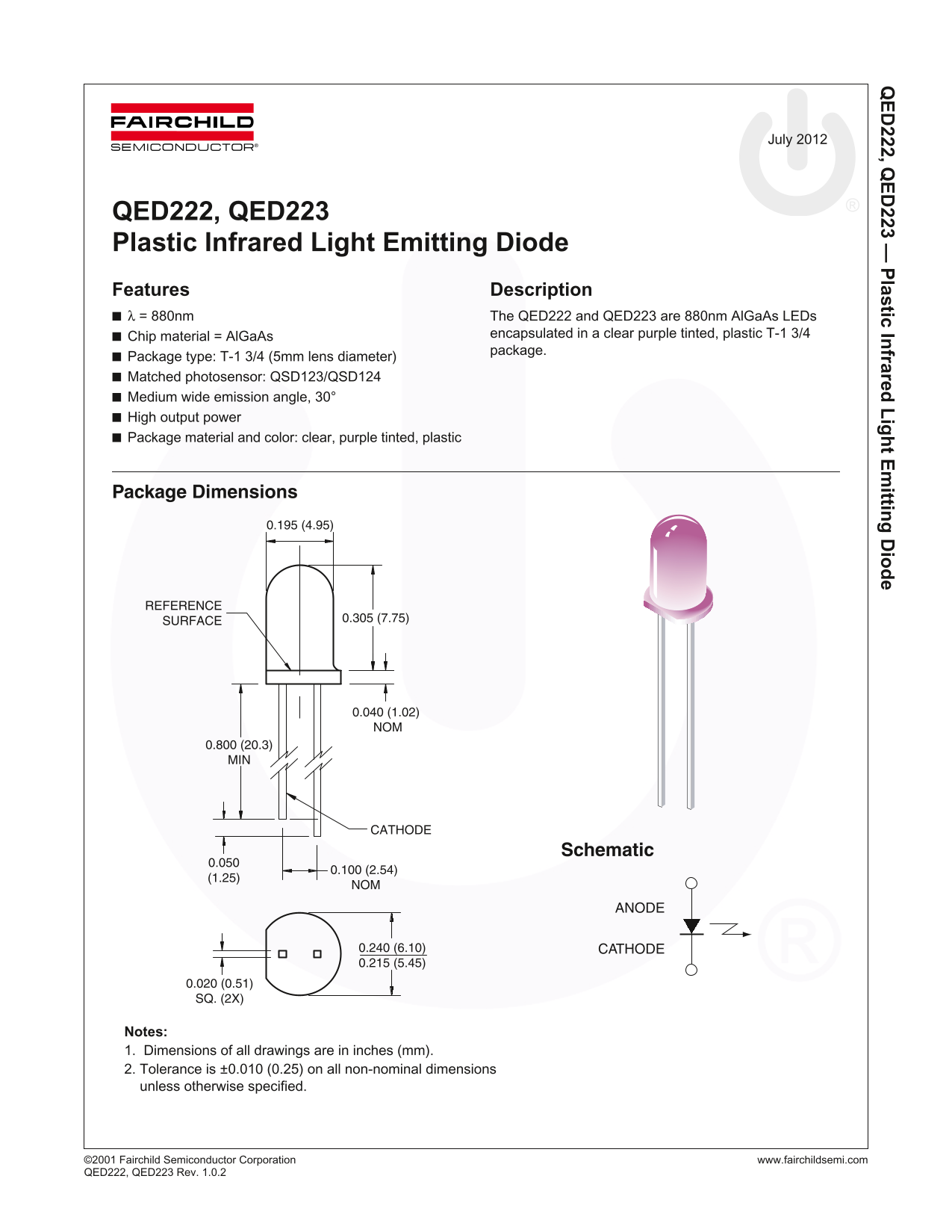 Fairchild QED222, QED223 Plastic Infrared LED Data Manual - Page 1