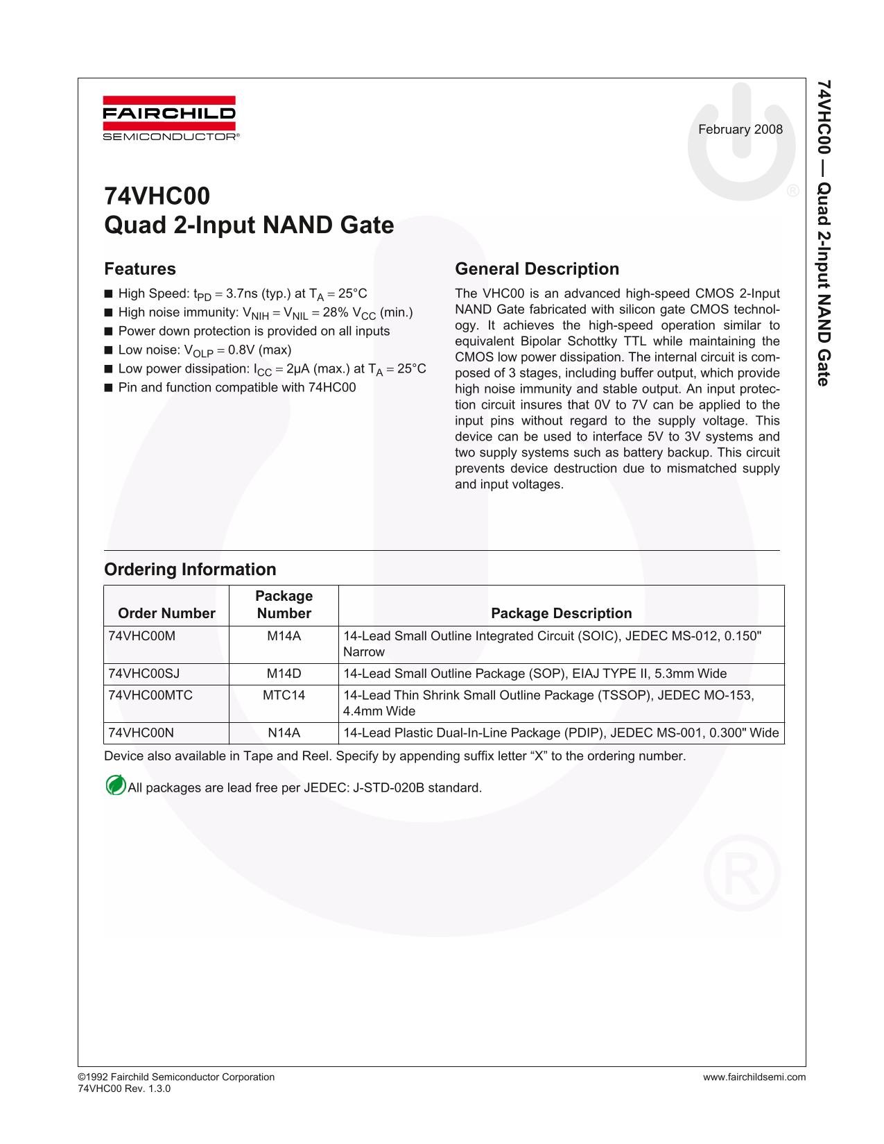 Fairchild 74VHC00 Quad 2-Input NAND Gate Data Manual - Page 1
