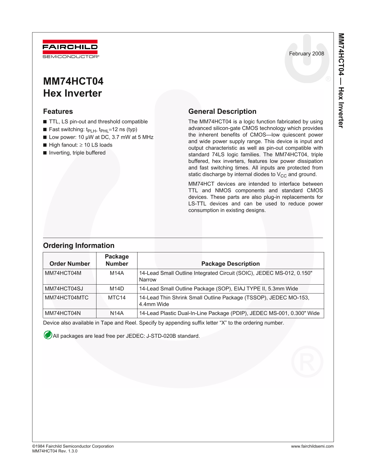 Fairchild MM74HCT04 Hex Inverter datasheet - Page 1