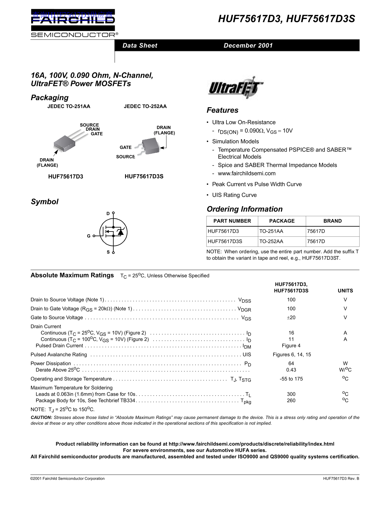 Fairchild HUF75617D3, HUF75617D3S Data Handbook - Page 1