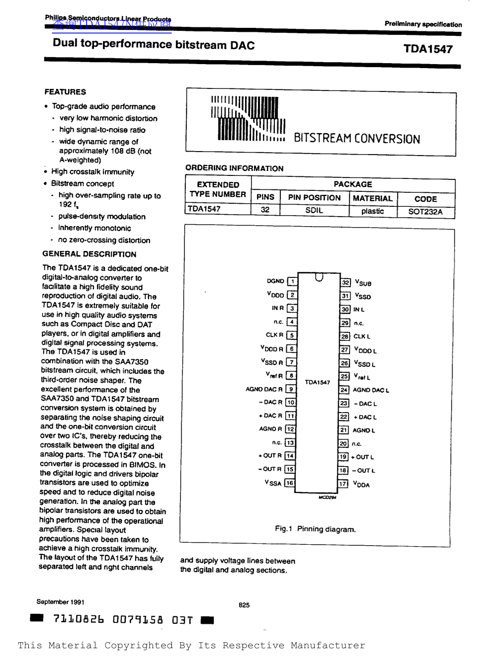 Philips Semiconductor TDA1547 Data Sheet/Manual - Page 1