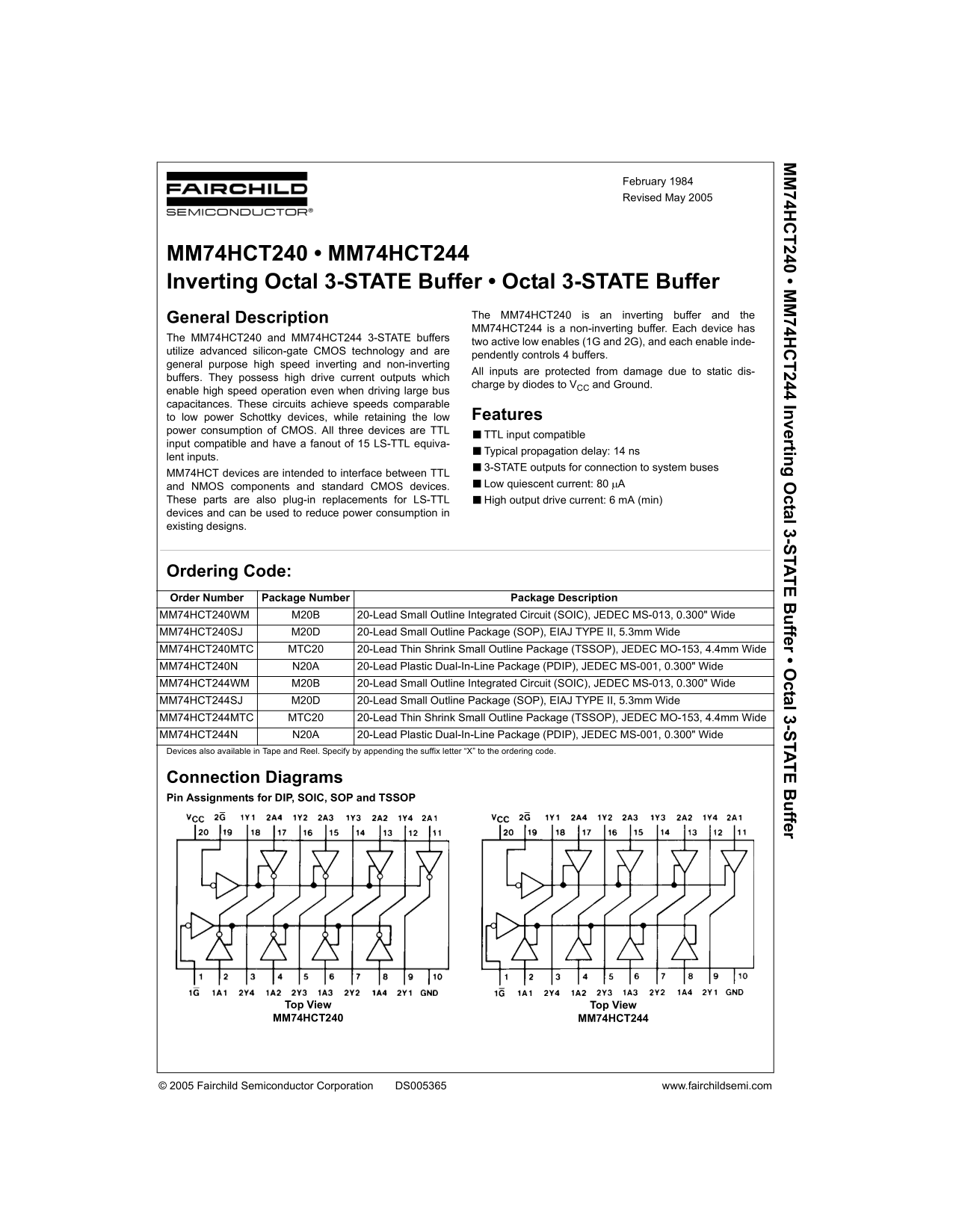 Fairchild MM74HCT240 MM74HCT244 Octal 3-State Buffer Data Manual - Page 1
