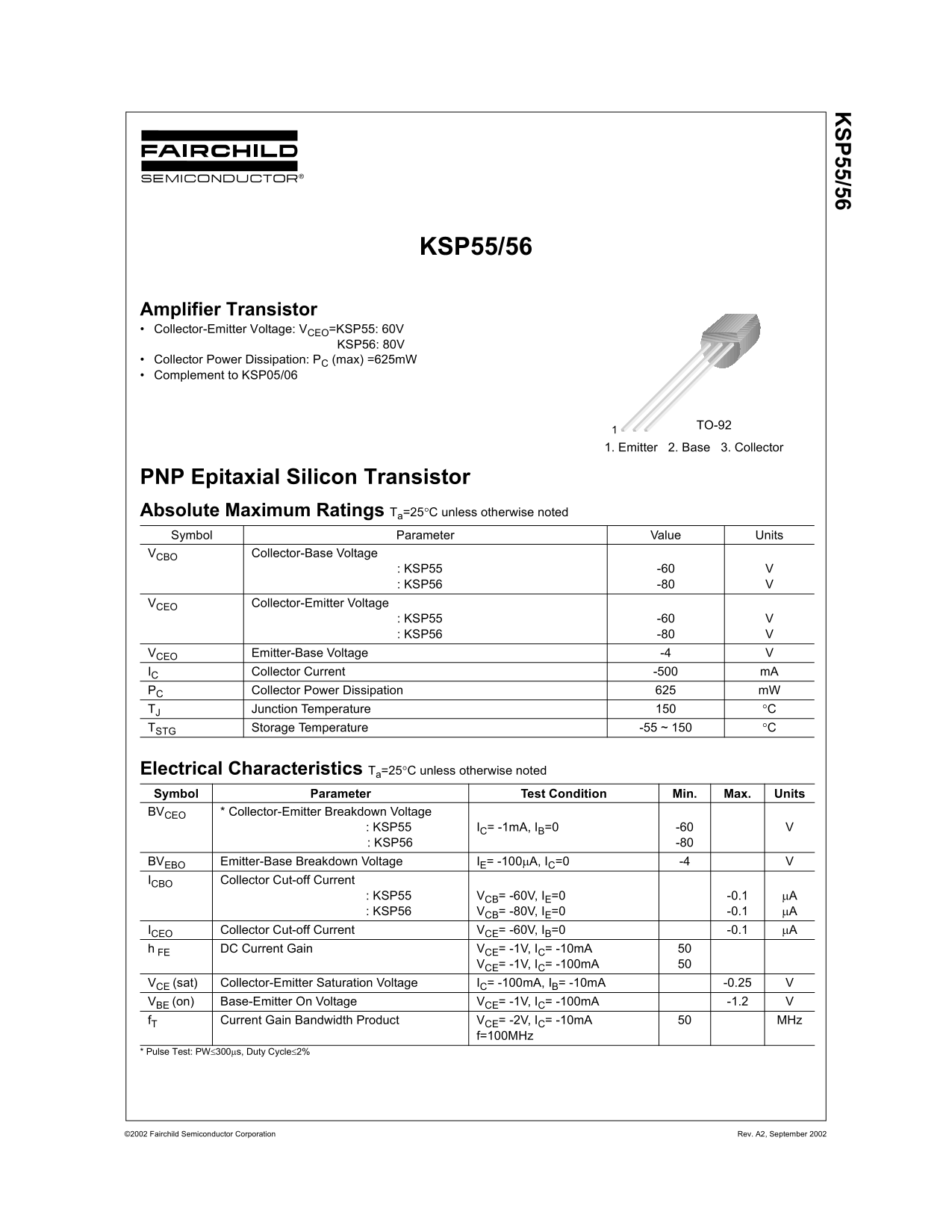 FAIRCHILD KSP55 56 PNP Epitaxial Silicon Transistor User's Manual - Page 1