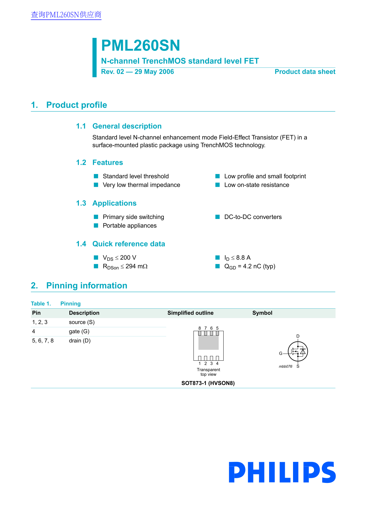 Philips PML260SN Data Sheet - Page 1