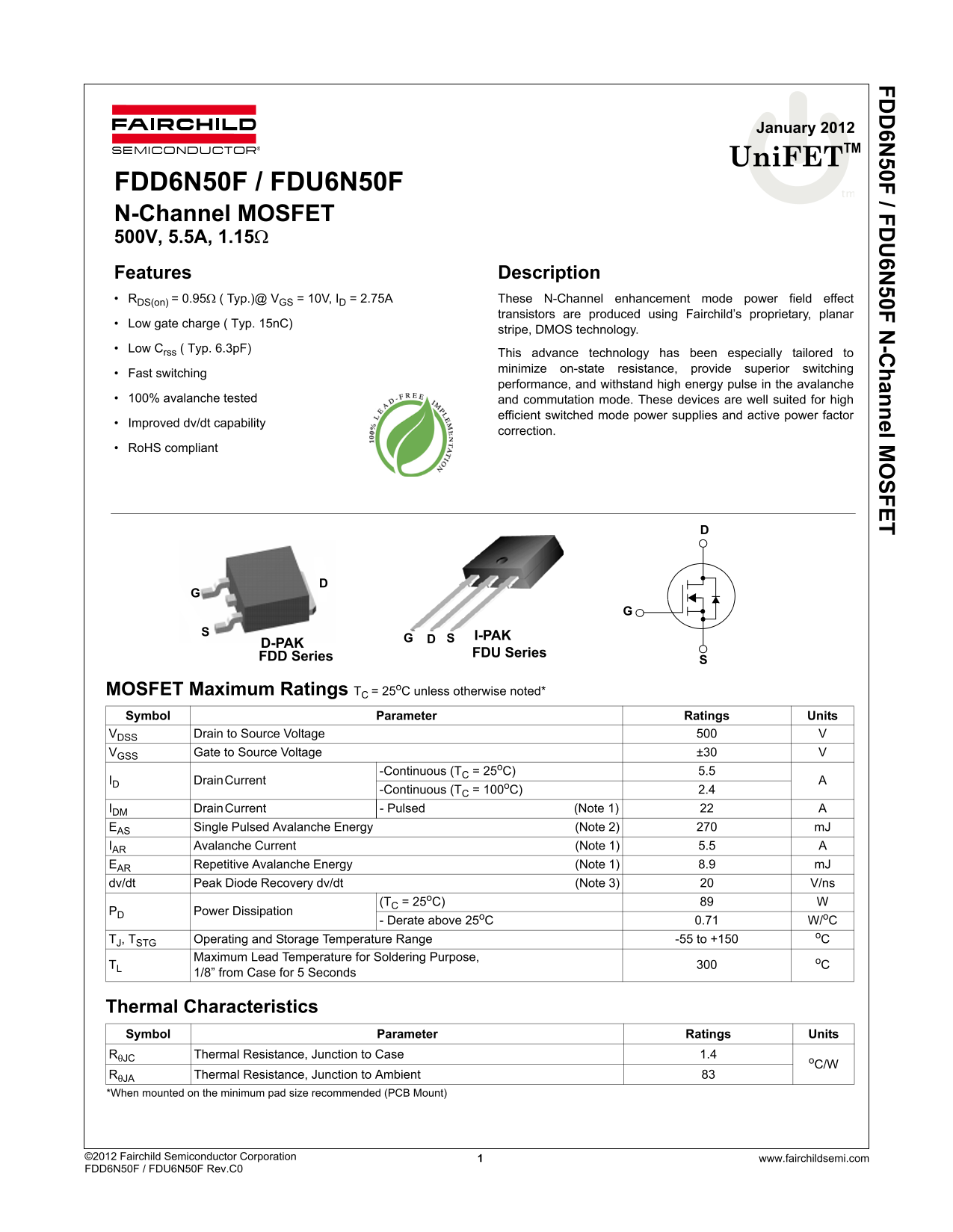 Fairchild FDD6N50F FDU6N50F User Manual - Page 1