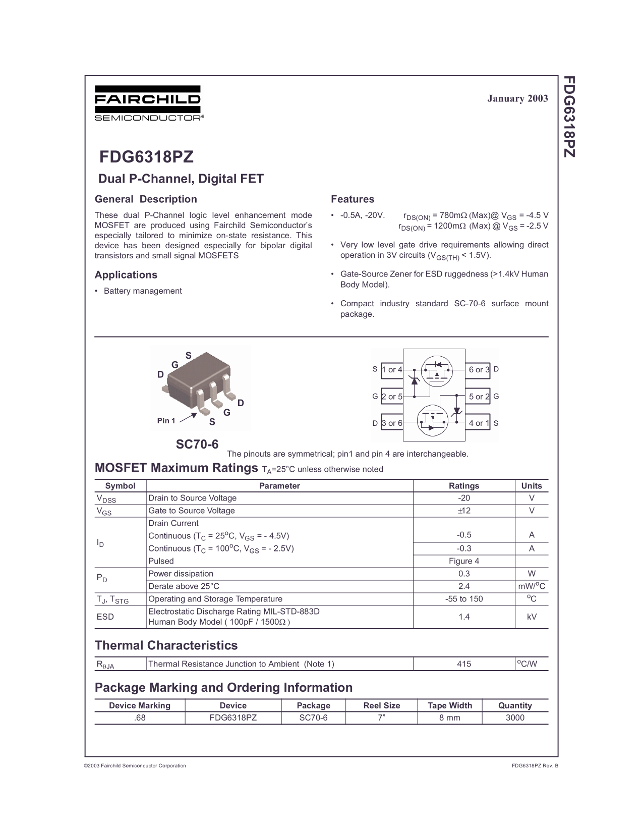 Fairchild FDG6318PZ Dual P-Channel, Digital FET Data Sheet - Page 1