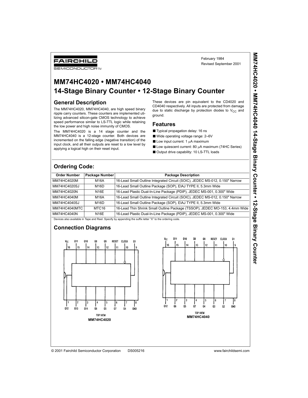 Data Handbook for Fairchild MM74HC4020 4040 14-Stage Binary Counter and 12-Stage Binary Counter - Page 1