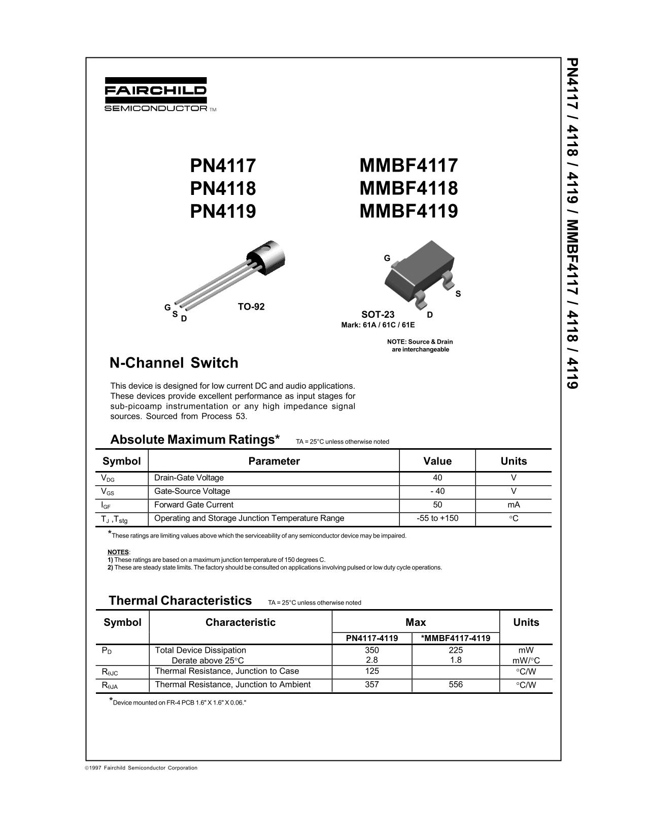 Fairchild PN4117/18/19 N-Channel Switch Data Handbook - Page 1