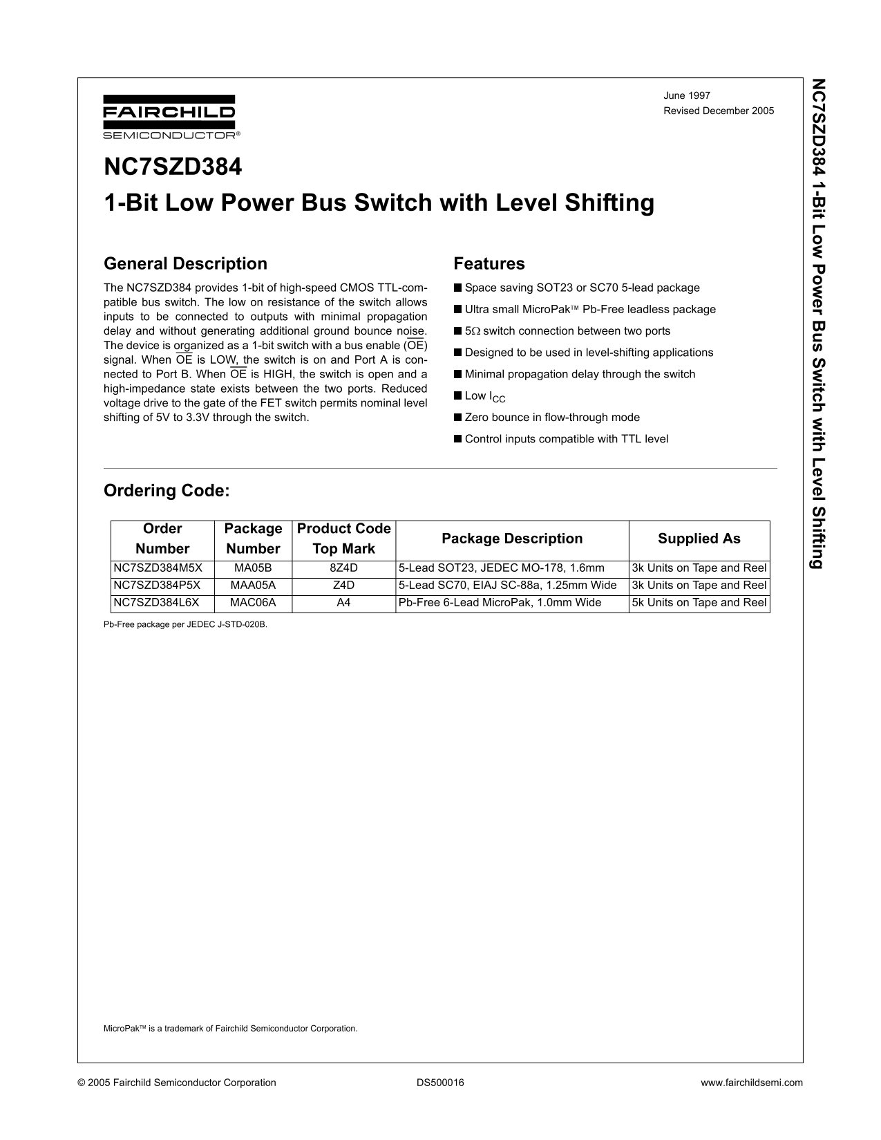 Fairchild NC7SZD384 1-Bit Low Power Bus Switch with Level Shifting Data Manual - Page 1