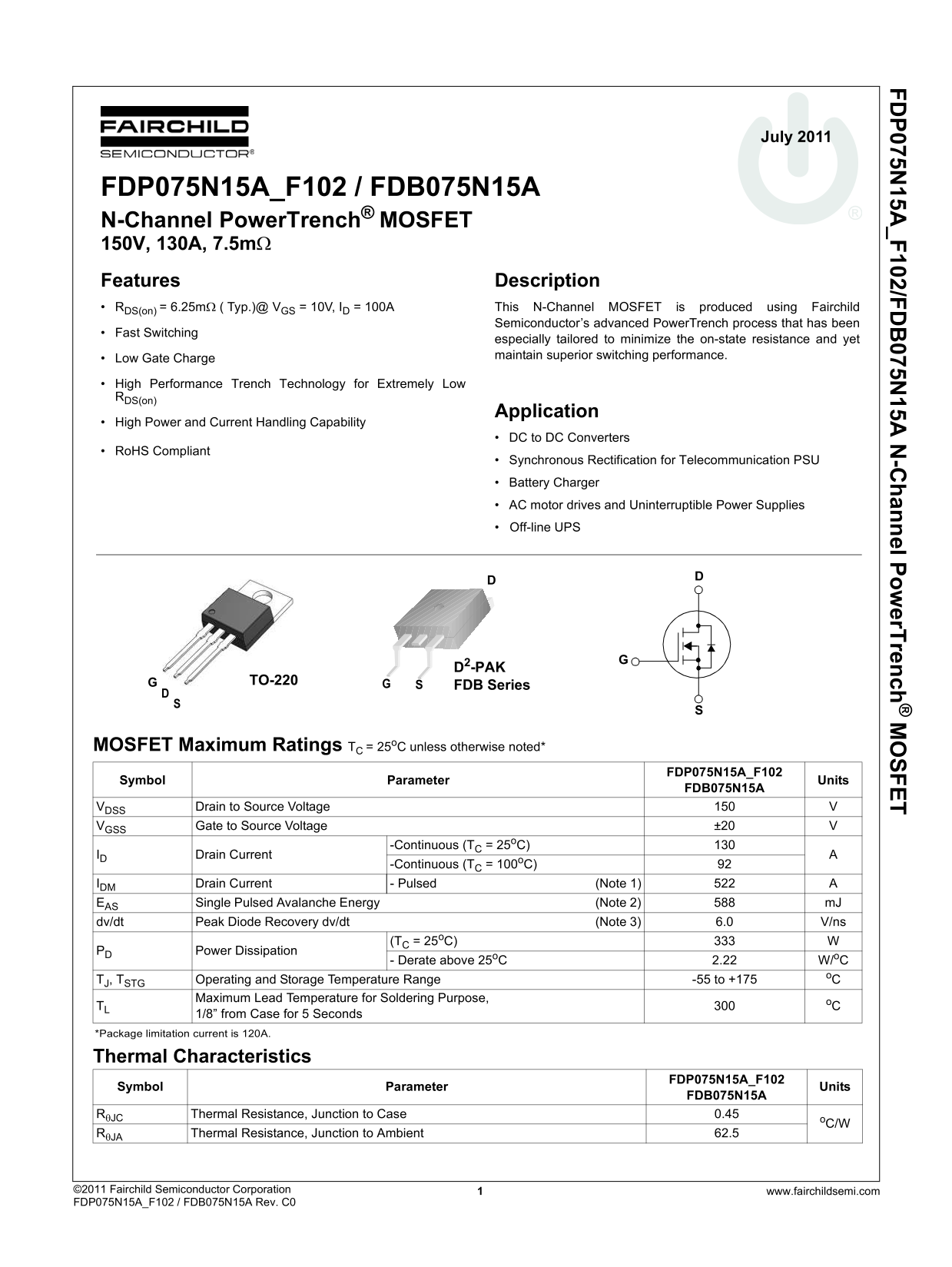 Fairchild FDP075N15A FDB075N15A Specifications Manual - Page 1