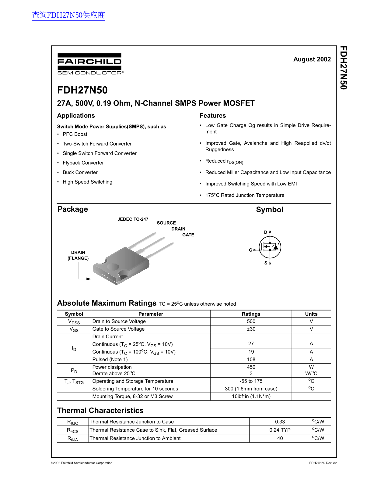Fairchild FDH27N50 Data Handbook - Page 1